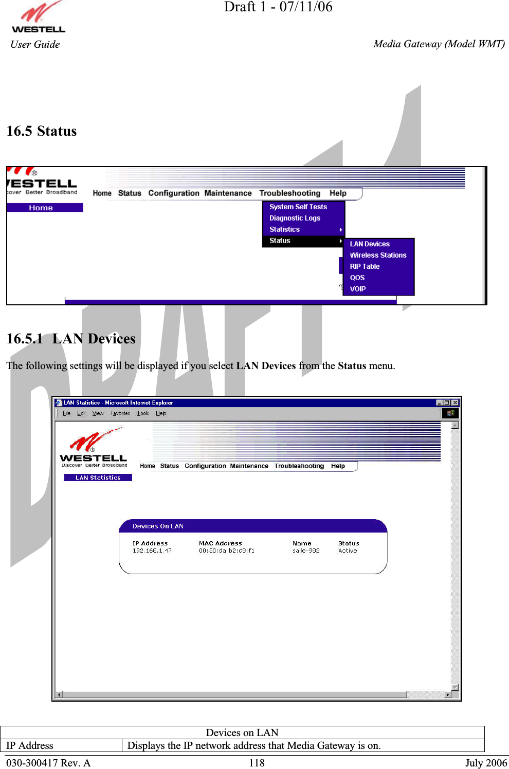 Draft 1 - 07/11/06030-300417 Rev. A  118  July 2006  Media Gateway (Model WMT) User Guide 16.5 Status16.5.1  LAN Devices The following settings will be displayed if you select LAN Devices from the Status menu. Devices on LAN IP Address  Displays the IP network address that Media Gateway is on. 