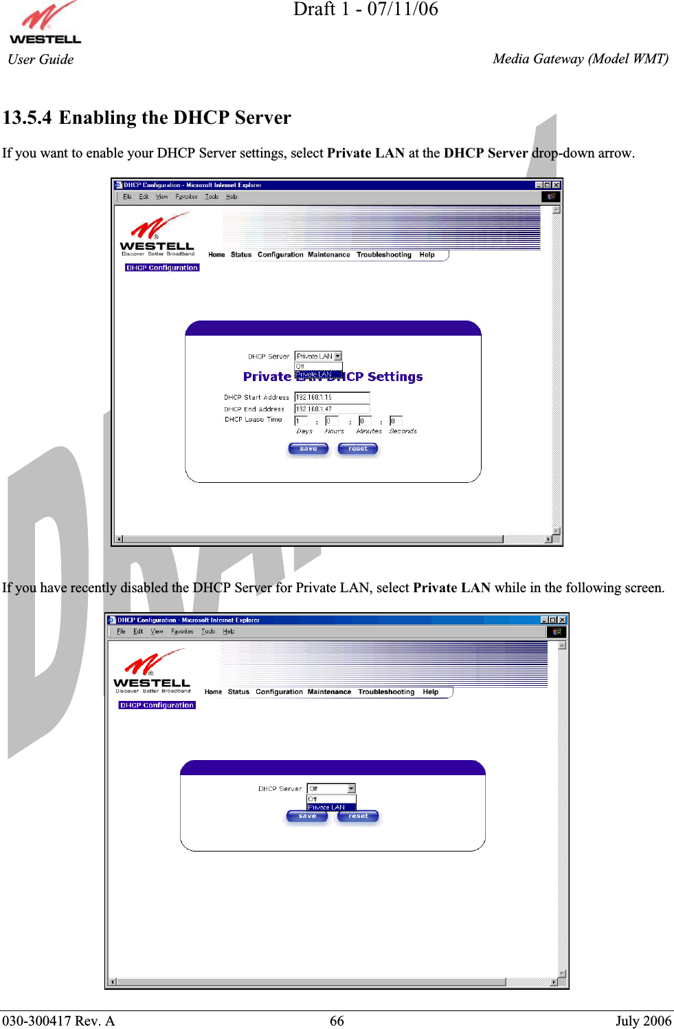 Draft 1 - 07/11/06030-300417 Rev. A  66  July 2006  Media Gateway (Model WMT) User Guide 13.5.4 Enabling the DHCP Server If you want to enable your DHCP Server settings, select Private LAN at the DHCP Server drop-down arrow. If you have recently disabled the DHCP Server for Private LAN, select Private LAN while in the following screen. 