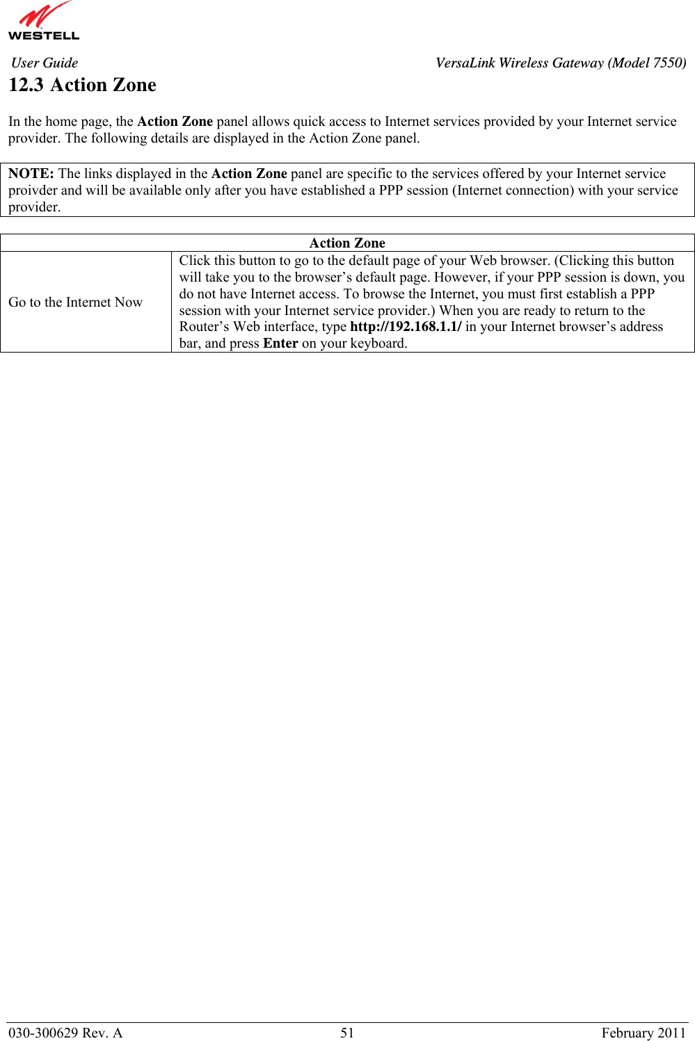       030-300629 Rev. A  51       February 2011 User Guide  VersaLink Wireless Gateway (Model 7550)12.3 Action Zone   In the home page, the Action Zone panel allows quick access to Internet services provided by your Internet service provider. The following details are displayed in the Action Zone panel.  NOTE: The links displayed in the Action Zone panel are specific to the services offered by your Internet service proivder and will be available only after you have established a PPP session (Internet connection) with your service provider.  Action Zone Go to the Internet Now Click this button to go to the default page of your Web browser. (Clicking this button will take you to the browser’s default page. However, if your PPP session is down, you do not have Internet access. To browse the Internet, you must first establish a PPP session with your Internet service provider.) When you are ready to return to the Router’s Web interface, type http://192.168.1.1/ in your Internet browser’s address bar, and press Enter on your keyboard.        