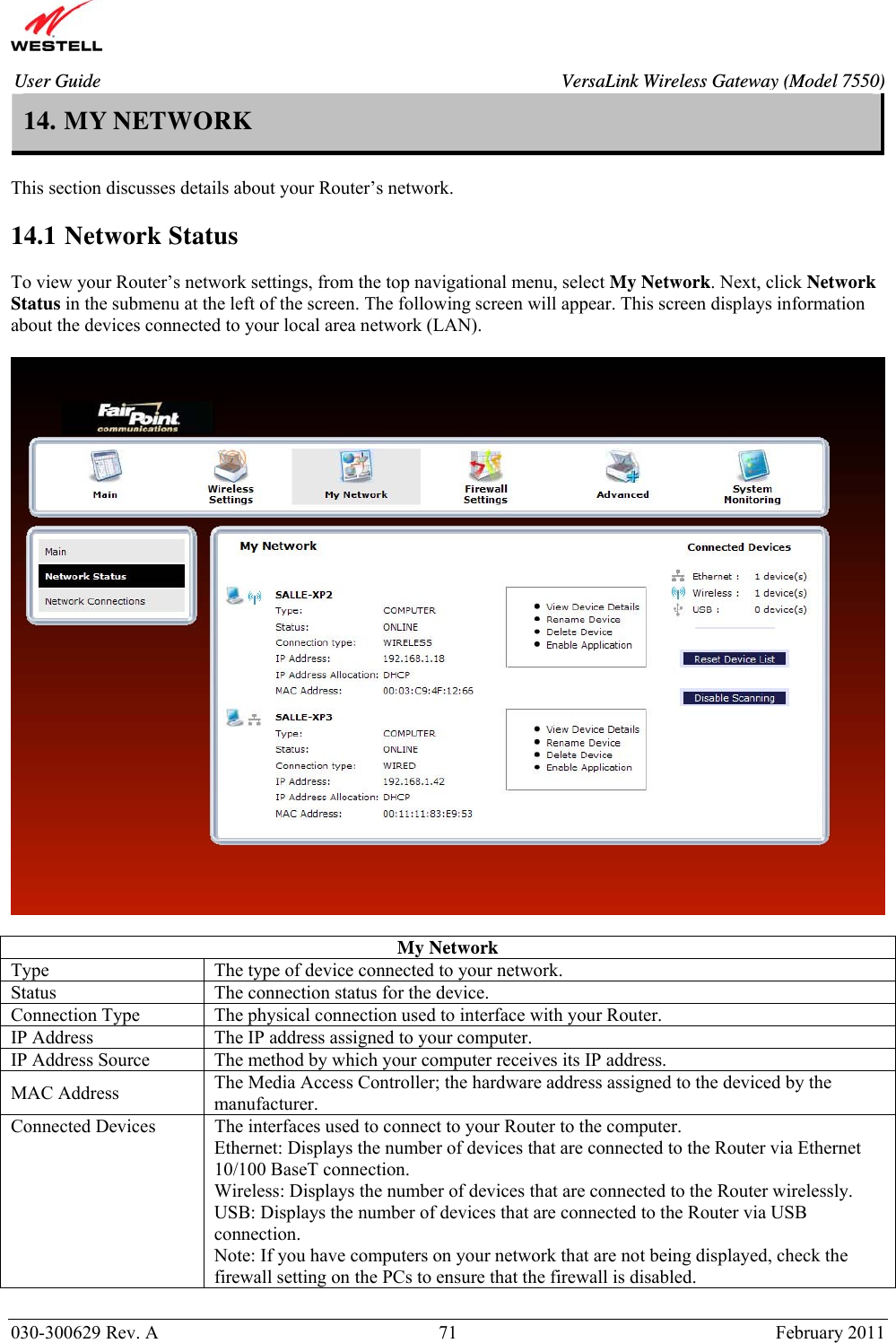       030-300629 Rev. A  71       February 2011 User Guide  VersaLink Wireless Gateway (Model 7550)14. MY NETWORK  This section discusses details about your Router’s network.  14.1 Network Status  To view your Router’s network settings, from the top navigational menu, select My Network. Next, click Network Status in the submenu at the left of the screen. The following screen will appear. This screen displays information about the devices connected to your local area network (LAN).     My Network Type  The type of device connected to your network. Status  The connection status for the device. Connection Type  The physical connection used to interface with your Router. IP Address   The IP address assigned to your computer. IP Address Source  The method by which your computer receives its IP address. MAC Address  The Media Access Controller; the hardware address assigned to the deviced by the manufacturer.  Connected Devices  The interfaces used to connect to your Router to the computer. Ethernet: Displays the number of devices that are connected to the Router via Ethernet 10/100 BaseT connection. Wireless: Displays the number of devices that are connected to the Router wirelessly. USB: Displays the number of devices that are connected to the Router via USB connection. Note: If you have computers on your network that are not being displayed, check the firewall setting on the PCs to ensure that the firewall is disabled.  
