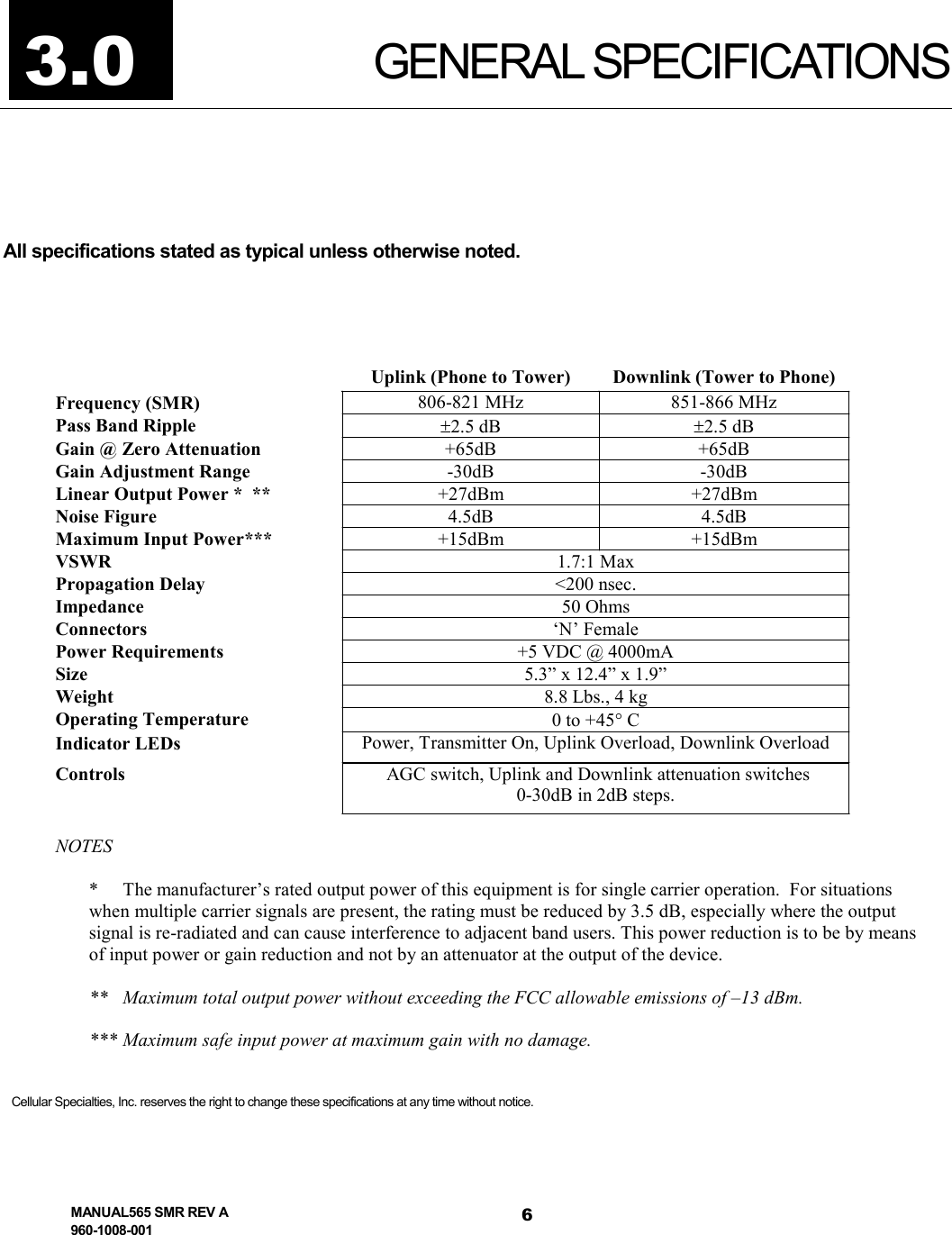   3.0  GENERAL SPECIFICATIONS  All specifications stated as typical unless otherwise noted.    Uplink (Phone to Tower)  Downlink (Tower to Phone) Frequency (SMR)  806-821 MHz  851-866 MHz Pass Band Ripple  ±2.5 dB  ±2.5 dB Gain @ Zero Attenuation  +65dB +65dB Gain Adjustment Range  -30dB -30dB Linear Output Power *  **  +27dBm +27dBm Noise Figure  4.5dB 4.5dB Maximum Input Power***  +15dBm +15dBm VSWR  1.7:1 Max Propagation Delay  &lt;200 nsec. Impedance  50 Ohms Connectors  ‘N’ Female Power Requirements  +5 VDC @ 4000mA Size  5.3” x 12.4” x 1.9” Weight  8.8 Lbs., 4 kg Operating Temperature  0 to +45° C Indicator LEDs  Power, Transmitter On, Uplink Overload, Downlink Overload Controls   AGC switch, Uplink and Downlink attenuation switches 0-30dB in 2dB steps.  NOTES  *  The manufacturer’s rated output power of this equipment is for single carrier operation.  For situations when multiple carrier signals are present, the rating must be reduced by 3.5 dB, especially where the output signal is re-radiated and can cause interference to adjacent band users. This power reduction is to be by means of input power or gain reduction and not by an attenuator at the output of the device.  **  Maximum total output power without exceeding the FCC allowable emissions of –13 dBm.  ***  Maximum safe input power at maximum gain with no damage.    Cellular Specialties, Inc. reserves the right to change these specifications at any time without notice. MANUAL565 SMR REV A 960-1008-001 6