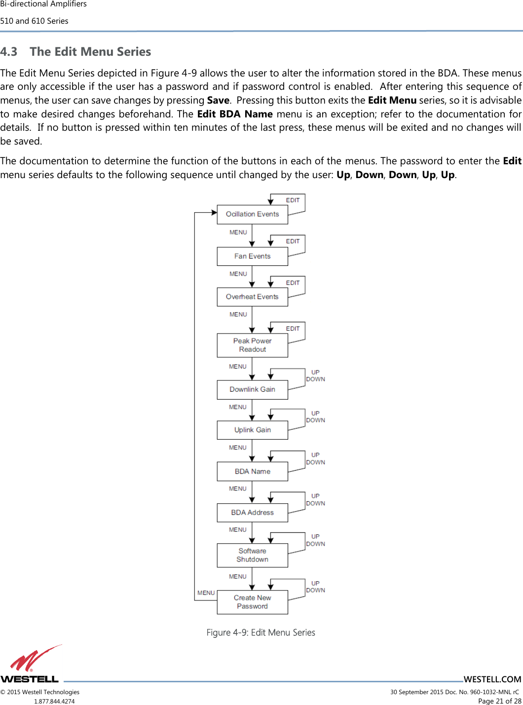 Bi-directional Amplifiers 510 and 610 Series                          WESTELL.COM © 2015 Westell Technologies                             30 September 2015 Doc. No. 960-1032-MNL rC 1.877.844.4274                      Page 21 of 28  4.3 The Edit Menu Series The Edit Menu Series depicted in Figure 4-9 allows the user to alter the information stored in the BDA. These menus are only accessible if the user has a password and if password control is enabled.  After entering this sequence of menus, the user can save changes by pressing Save.  Pressing this button exits the Edit Menu series, so it is advisable to make desired changes beforehand. The Edit BDA Name menu is an exception; refer to the documentation for details.  If no button is pressed within ten minutes of the last press, these menus will be exited and no changes will be saved. The documentation to determine the function of the buttons in each of the menus. The password to enter the Edit menu series defaults to the following sequence until changed by the user: Up, Down, Down, Up, Up.   Figure 4-9: Edit Menu Series   