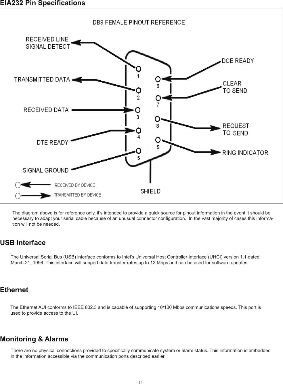 -11- EIA232 Pin Speciﬁ cationsThe diagram above is for reference only, it’s intended to provide a quick source for pinout information in the event it should be necessary to adapt your serial cable because of an unusual connector con• guration.  In the vast majority of cases this informa-tion will not be needed.There are no physical connections provided to speci• cally communicate system or alarm status. This information is embedded in the information accessible via the communication ports described earlier.The Universal Serial Bus (USB) interface conforms to Intel’s Universal Host Controller Interface (UHCI) version 1.1 dated March 21, 1996. This interface will support data transfer rates up to 12 Mbps and can be used for software updates.The Ethernet AUI conforms to IEEE 802.3 and is capable of supporting 10/100 Mbps communications speeds. This port is used to provide access to the UI. USB InterfaceEthernet   Monitoring &amp; Alarms