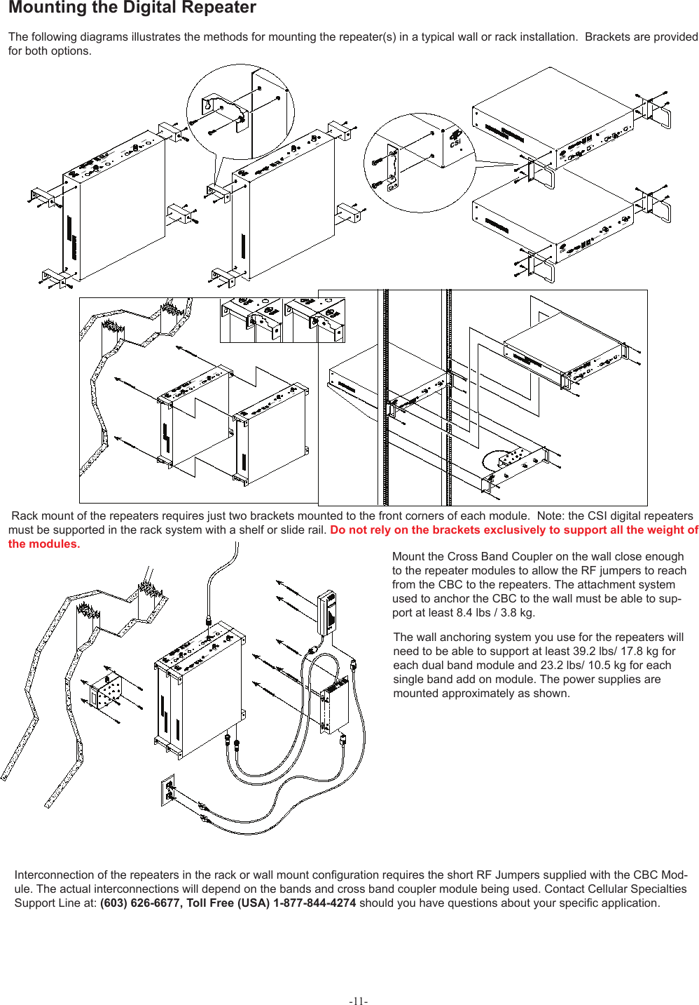 -11- Mounting the Digital RepeaterThe following diagrams illustrates the methods for mounting the repeater(s) in a typical wall or rack installation.  Brackets are provided for both options. Rack mount of the repeaters requires just two brackets mounted to the front corners of each module.  Note: the CSI digital repeaters must be supported in the rack system with a shelf or slide rail. Do not rely on the brackets exclusively to support all the weight of the modules.Mount the Cross Band Coupler on the wall close enough to the repeater modules to allow the RF jumpers to reach from the CBC to the repeaters. The attachment system used to anchor the CBC to the wall must be able to sup-port at least 8.4 lbs / 3.8 kg. The wall anchoring system you use for the repeaters will need to be able to support at least 39.2 lbs/ 17.8 kg for each dual band module and 23.2 lbs/ 10.5 kg for each single band add on module. The power supplies are mounted approximately as shown.Interconnection of the repeaters in the rack or wall mount conﬁ guration requires the short RF Jumpers supplied with the CBC Mod-ule. The actual interconnections will depend on the bands and cross band coupler module being used. Contact Cellular Specialties Support Line at: (603) 626-6677, Toll Free (USA) 1-877-844-4274 should you have questions about your speciﬁ c application.