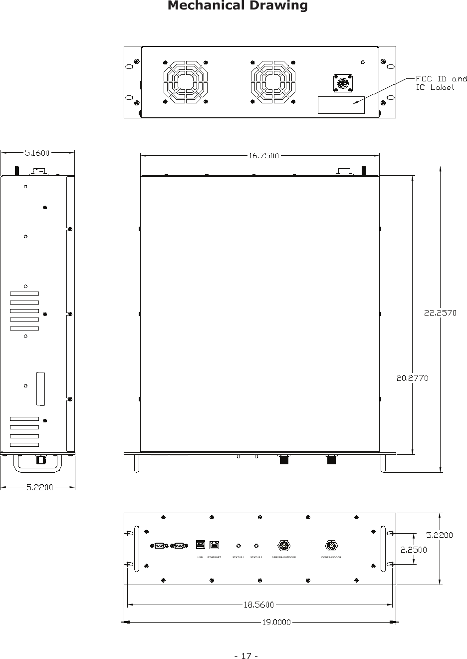 - 17 -Mechanical DrawingDONER-INDOORSERVER-OUTDOORETHERNETUSB STATUS 2STATUS 12 17 635