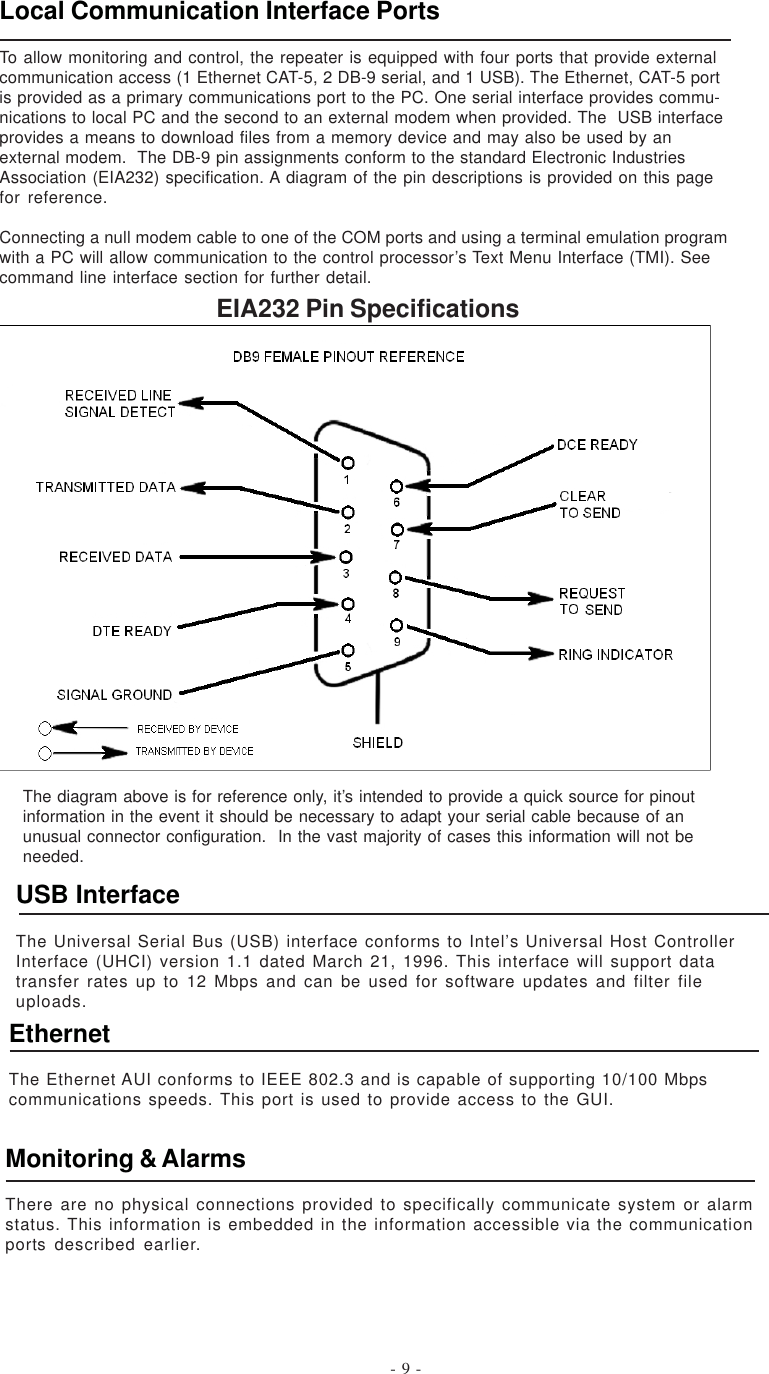 - 9 -EIA232 Pin SpecificationsThe diagram above is for reference only, it’s intended to provide a quick source for pinoutinformation in the event it should be necessary to adapt your serial cable because of anunusual connector configuration.  In the vast majority of cases this information will not beneeded.Local Communication Interface PortsTo allow monitoring and control, the repeater is equipped with four ports that provide externalcommunication access (1 Ethernet CAT-5, 2 DB-9 serial, and 1 USB). The Ethernet, CAT-5 portis provided as a primary communications port to the PC. One serial interface provides commu-nications to local PC and the second to an external modem when provided. The  USB interfaceprovides a means to download files from a memory device and may also be used by anexternal modem.  The DB-9 pin assignments conform to the standard Electronic IndustriesAssociation (EIA232) specification. A diagram of the pin descriptions is provided on this pagefor reference.Connecting a null modem cable to one of the COM ports and using a terminal emulation programwith a PC will allow communication to the control processor’s Text Menu Interface (TMI). Seecommand line interface section for further detail.Monitoring &amp; AlarmsThere are no physical connections provided to specifically communicate system or alarmstatus. This information is embedded in the information accessible via the communicationports described earlier.USB InterfaceThe Universal Serial Bus (USB) interface conforms to Intel’s Universal Host ControllerInterface (UHCI) version 1.1 dated March 21, 1996. This interface will support datatransfer rates up to 12 Mbps and can be used for software updates and filter fileuploads.EthernetThe Ethernet AUI conforms to IEEE 802.3 and is capable of supporting 10/100 Mbpscommunications speeds. This port is used to provide access to the GUI.