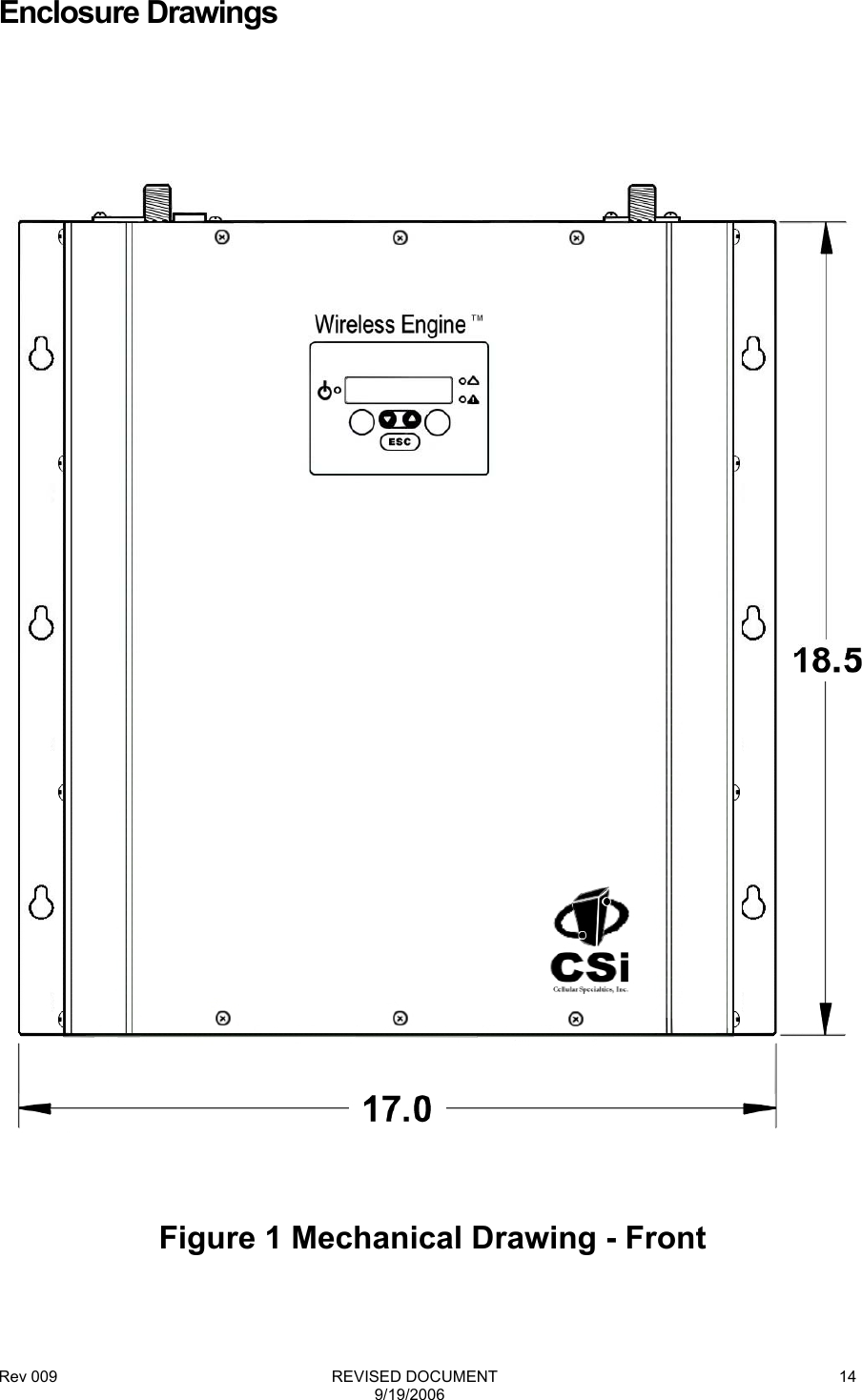 Rev 009                                                              REVISED DOCUMENT 9/19/2006 14  Enclosure Drawings          Figure 1 Mechanical Drawing - Front 