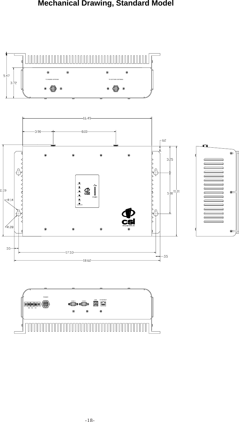 -18-CCNCNOETHERNE TUSBCOM 1COM 2POWER DL PWRALARMUL PWRTO OUT SID E ANT ENNATO I NSIDE ANTE NNAMechanical Drawing, Standard Model