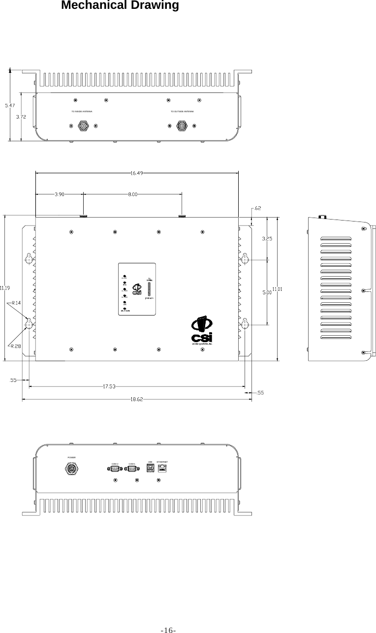 -16-ETHERNETUSBCOM 1COM 2POWER DL PWRALARMUL PWRTO OUTSIDE ANTENNATO INS IDE ANTENNAMechanical Drawing