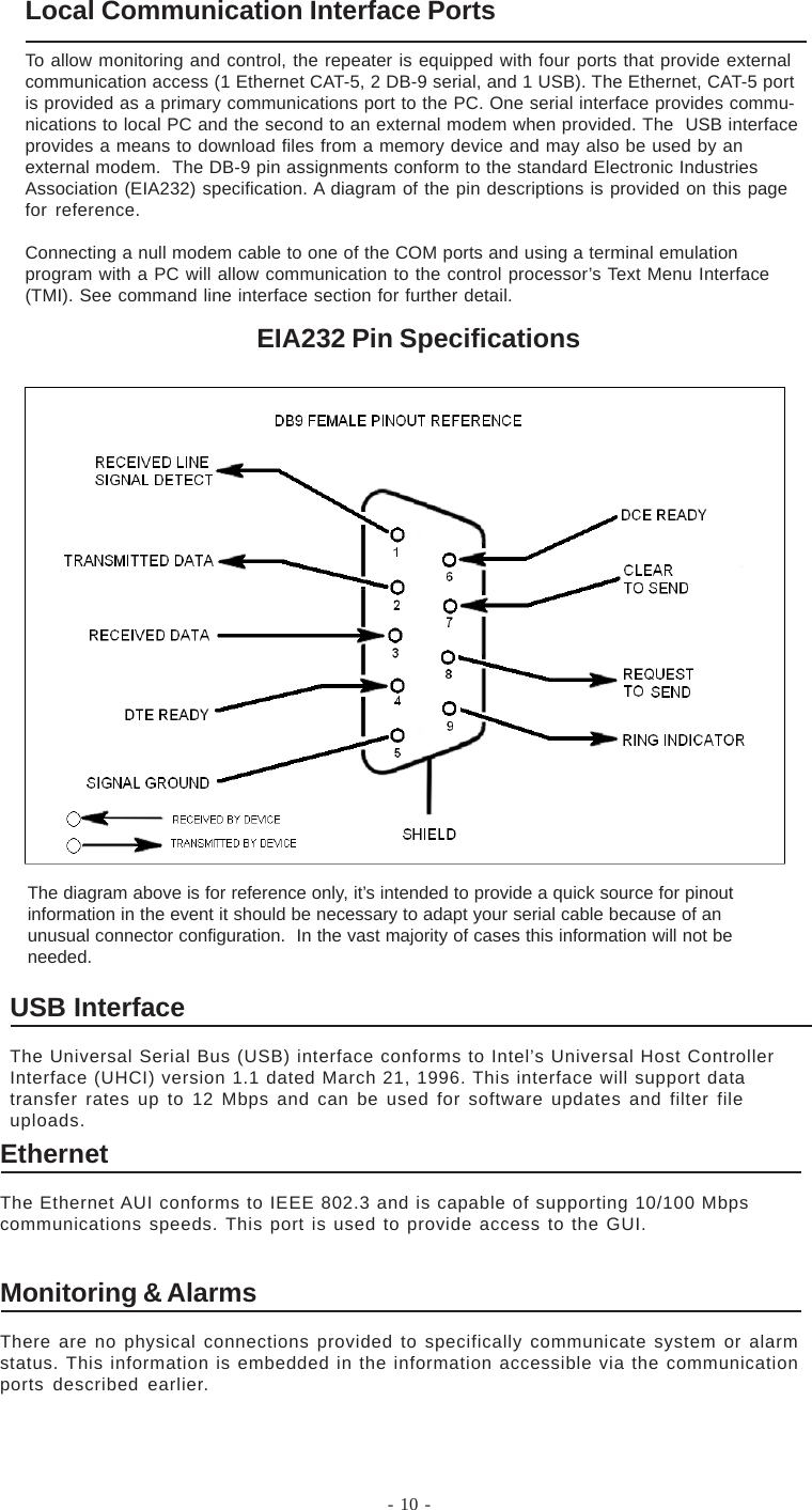 EIA232 Pin SpecificationsUSB InterfaceThe Universal Serial Bus (USB) interface conforms to Intel’s Universal Host ControllerInterface (UHCI) version 1.1 dated March 21, 1996. This interface will support datatransfer rates up to 12 Mbps and can be used for software updates and filter fileuploads.EthernetThe Ethernet AUI conforms to IEEE 802.3 and is capable of supporting 10/100 Mbpscommunications speeds. This port is used to provide access to the GUI.Monitoring &amp; AlarmsThere are no physical connections provided to specifically communicate system or alarmstatus. This information is embedded in the information accessible via the communicationports described earlier.The diagram above is for reference only, it’s intended to provide a quick source for pinoutinformation in the event it should be necessary to adapt your serial cable because of anunusual connector configuration.  In the vast majority of cases this information will not beneeded.Local Communication Interface PortsTo allow monitoring and control, the repeater is equipped with four ports that provide externalcommunication access (1 Ethernet CAT-5, 2 DB-9 serial, and 1 USB). The Ethernet, CAT-5 portis provided as a primary communications port to the PC. One serial interface provides commu-nications to local PC and the second to an external modem when provided. The  USB interfaceprovides a means to download files from a memory device and may also be used by anexternal modem.  The DB-9 pin assignments conform to the standard Electronic IndustriesAssociation (EIA232) specification. A diagram of the pin descriptions is provided on this pagefor reference.Connecting a null modem cable to one of the COM ports and using a terminal emulationprogram with a PC will allow communication to the control processor’s Text Menu Interface(TMI). See command line interface section for further detail.- 10 -