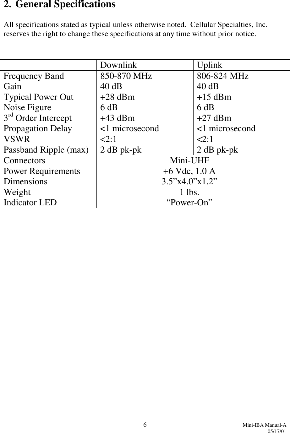 6Mini-IBA Manual-A05/17/012. General SpecificationsAll specifications stated as typical unless otherwise noted.  Cellular Specialties, Inc.reserves the right to change these specifications at any time without prior notice.Downlink UplinkFrequency Band 850-870 MHz 806-824 MHzGain 40 dB 40 dBTypical Power Out +28 dBm +15 dBmNoise Figure 6 dB 6 dB3rd Order Intercept +43 dBm +27 dBmPropagation Delay &lt;1 microsecond &lt;1 microsecondVSWR &lt;2:1 &lt;2:1Passband Ripple (max) 2 dB pk-pk 2 dB pk-pkConnectors Mini-UHFPower Requirements +6 Vdc, 1.0 ADimensions 3.5”x4.0”x1.2”Weight 1 lbs.Indicator LED “Power-On”