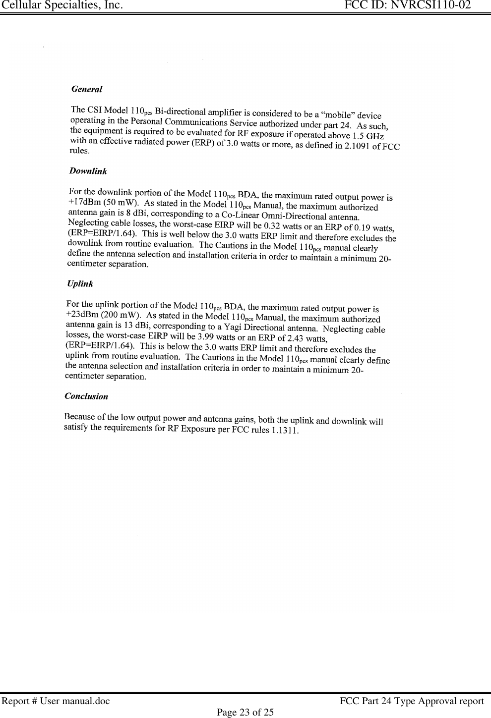 Cellular Specialties, Inc. FCC ID: NVRCSI110-02Report # User manual.doc                                                                                         FCC Part 24 Type Approval reportPage 23 of 25
