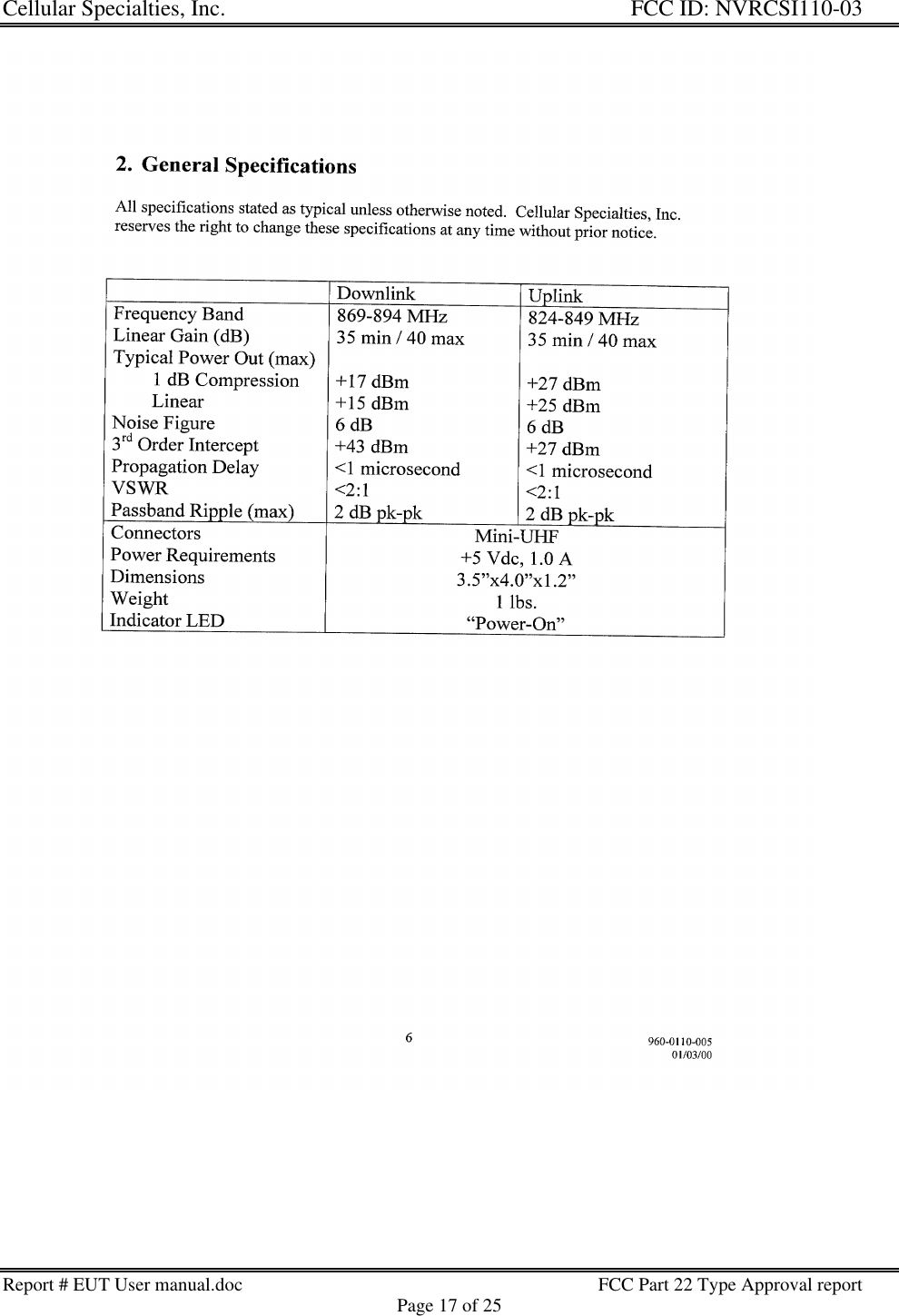 Cellular Specialties, Inc. FCC ID: NVRCSI110-03Report # EUT User manual.doc FCC Part 22 Type Approval reportPage 17 of 25