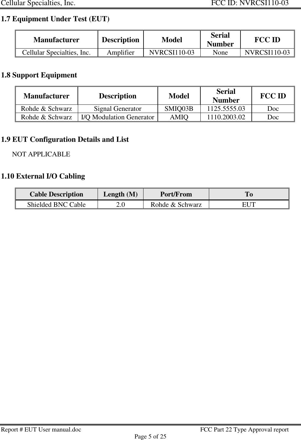 Cellular Specialties, Inc. FCC ID: NVRCSI110-03Report # EUT User manual.doc FCC Part 22 Type Approval reportPage 5 of 251.7 Equipment Under Test (EUT)Manufacturer Description Model SerialNumber FCC IDCellular Specialties, Inc. Amplifier NVRCSI110-03 None NVRCSI110-031.8 Support EquipmentManufacturer Description Model SerialNumber FCC IDRohde &amp; Schwarz Signal Generator SMIQ03B 1125.5555.03 DocRohde &amp; Schwarz I/Q Modulation Generator AMIQ 1110.2003.02 Doc1.9 EUT Configuration Details and List       NOT APPLICABLE1.10 External I/O CablingCable Description Length (M) Port/From ToShielded BNC Cable 2.0 Rohde &amp; Schwarz EUT