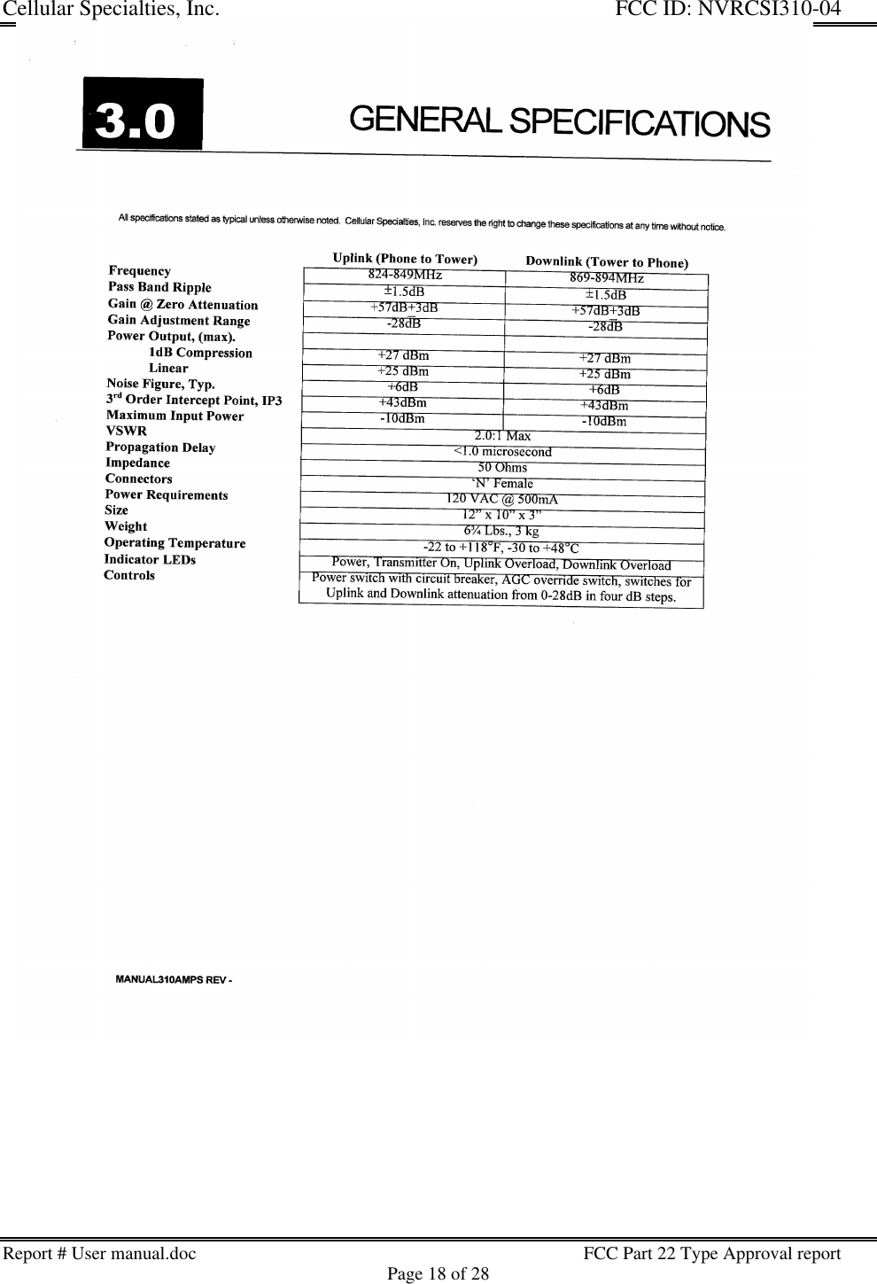 Cellular Specialties, Inc. FCC ID: NVRCSI310-04Report # User manual.doc FCC Part 22 Type Approval reportPage 18 of 28