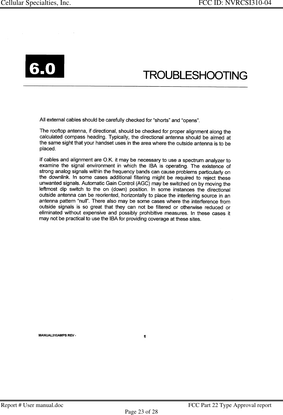 Cellular Specialties, Inc. FCC ID: NVRCSI310-04Report # User manual.doc FCC Part 22 Type Approval reportPage 23 of 28