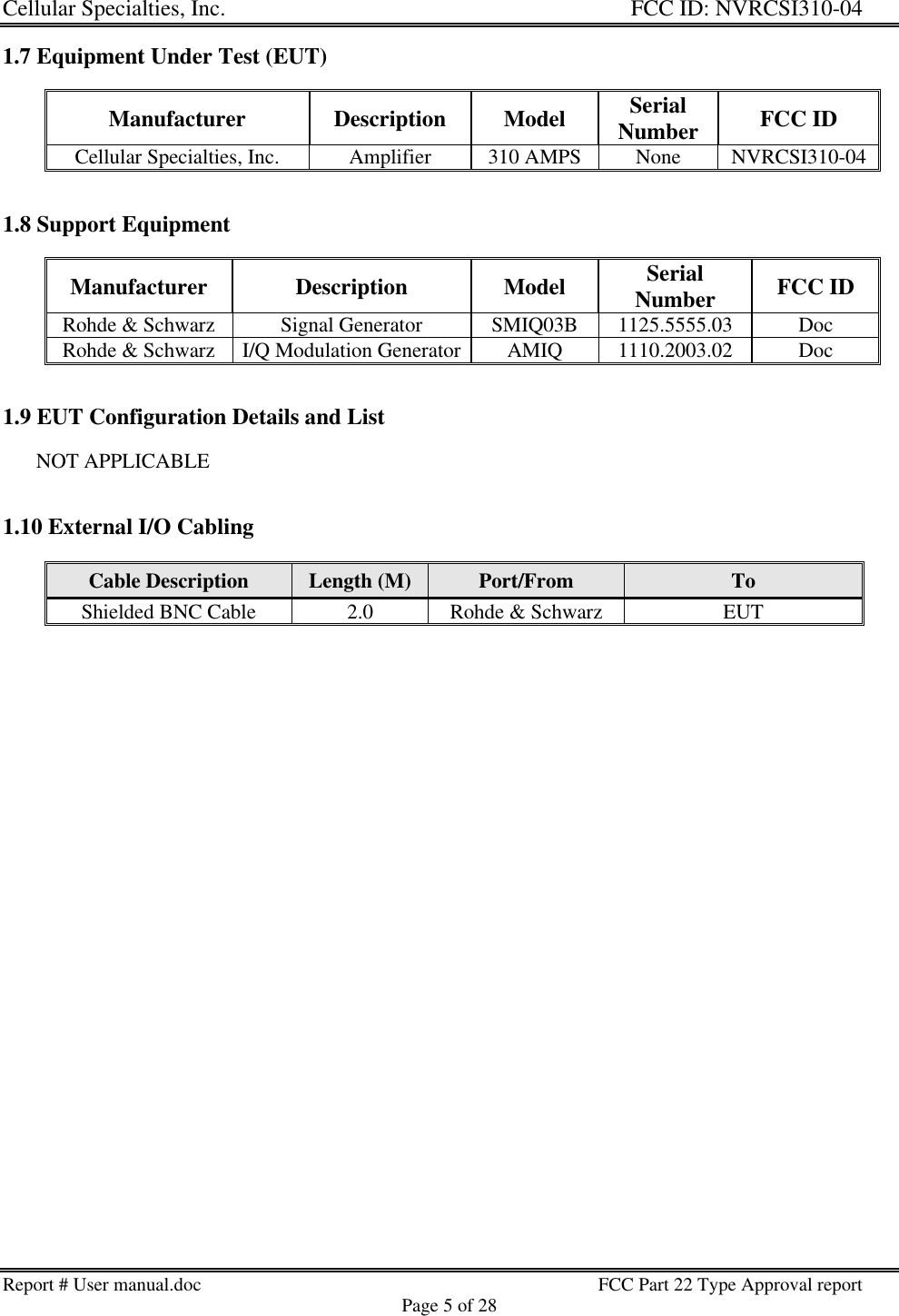 Cellular Specialties, Inc. FCC ID: NVRCSI310-04Report # User manual.doc FCC Part 22 Type Approval reportPage 5 of 281.7 Equipment Under Test (EUT)Manufacturer Description Model SerialNumber FCC IDCellular Specialties, Inc. Amplifier 310 AMPS None NVRCSI310-041.8 Support EquipmentManufacturer Description Model SerialNumber FCC IDRohde &amp; Schwarz Signal Generator SMIQ03B 1125.5555.03 DocRohde &amp; Schwarz I/Q Modulation Generator AMIQ 1110.2003.02 Doc1.9 EUT Configuration Details and List       NOT APPLICABLE1.10 External I/O CablingCable Description Length (M) Port/From ToShielded BNC Cable 2.0 Rohde &amp; Schwarz EUT