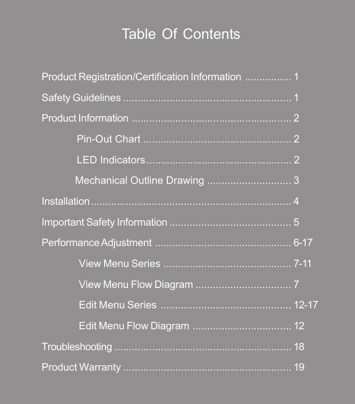 Table Of ContentsProduct Registration/Certification Information ................ 1Safety Guidelines .......................................................... 1Product Information ....................................................... 2            Pin-Out Chart ................................................... 2            LED Indicators.................................................. 2            Mechanical Outline Drawing ............................. 3Installation..................................................................... 4Important Safety Information .......................................... 5Performance Adjustment ............................................... 6-17View Menu Series ............................................ 7-11View Menu Flow Diagram ................................. 7Edit Menu Series ............................................. 12-17Edit Menu Flow Diagram .................................. 12Troubleshooting ............................................................. 18Product Warranty .......................................................... 19