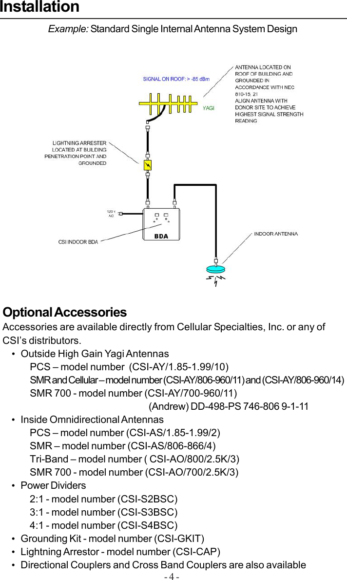 - 4 -Installation Example: Standard Single Internal Antenna System DesignOptional AccessoriesAccessories are available directly from Cellular Specialties, Inc. or any ofCSI’s distributors.•Outside High Gain Yagi AntennasPCS – model number  (CSI-AY/1.85-1.99/10)SMR and Cellular – model number (CSI-AY/806-960/11) and (CSI-AY/806-960/14)SMR 700 - model number (CSI-AY/700-960/11)(Andrew) DD-498-PS 746-806 9-1-11•Inside Omnidirectional AntennasPCS – model number (CSI-AS/1.85-1.99/2)SMR – model number (CSI-AS/806-866/4)Tri-Band – model number ( CSI-AO/800/2.5K/3)SMR 700 - model number (CSI-AO/700/2.5K/3)•Power Dividers2:1 - model number (CSI-S2BSC)3:1 - model number (CSI-S3BSC)4:1 - model number (CSI-S4BSC)•Grounding Kit - model number (CSI-GKIT)•Lightning Arrestor - model number (CSI-CAP)•Directional Couplers and Cross Band Couplers are also available
