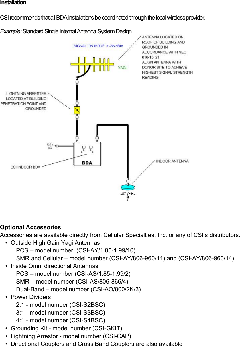  Installation  CSI recommends that all BDA installations be coordinated through the local wireless provider.  Example: Standard Single Internal Antenna System Design      Optional Accessories Accessories are available directly from Cellular Specialties, Inc. or any of CSI’s distributors. •  Outside High Gain Yagi Antennas     PCS – model number  (CSI-AY/1.85-1.99/10)     SMR and Cellular – model number (CSI-AY/806-960/11) and (CSI-AY/806-960/14) •  Inside Omni directional Antennas      PCS – model number (CSI-AS/1.85-1.99/2)     SMR – model number (CSI-AS/806-866/4)     Dual-Band – model number (CSI-AO/800/2K/3) • Power Dividers     2:1 - model number (CSI-S2BSC)     3:1 - model number (CSI-S3BSC)     4:1 - model number (CSI-S4BSC) •  Grounding Kit - model number (CSI-GKIT) •  Lightning Arrestor - model number (CSI-CAP) •  Directional Couplers and Cross Band Couplers are also available 