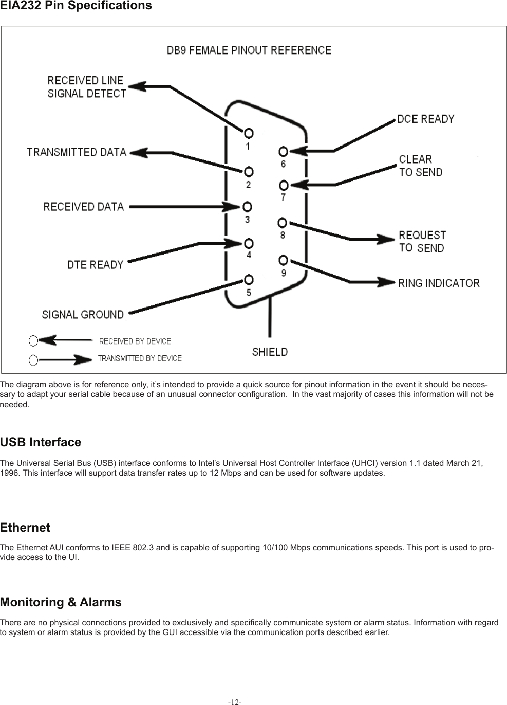 -12- EIA232 Pin Speciﬁ cationsThe diagram above is for reference only, it’s intended to provide a quick source for pinout information in the event it should be neces-sary to adapt your serial cable because of an unusual connector con• guration.  In the vast majority of cases this information will not be needed.There are no physical connections provided to exclusively and speci• cally communicate system or alarm status. Information with regard to system or alarm status is provided by the GUI accessible via the communication ports described earlier.The Universal Serial Bus (USB) interface conforms to Intel’s Universal Host Controller Interface (UHCI) version 1.1 dated March 21, 1996. This interface will support data transfer rates up to 12 Mbps and can be used for software updates.The Ethernet AUI conforms to IEEE 802.3 and is capable of supporting 10/100 Mbps communications speeds. This port is used to pro-vide access to the UI. USB InterfaceEthernet   Monitoring &amp; Alarms