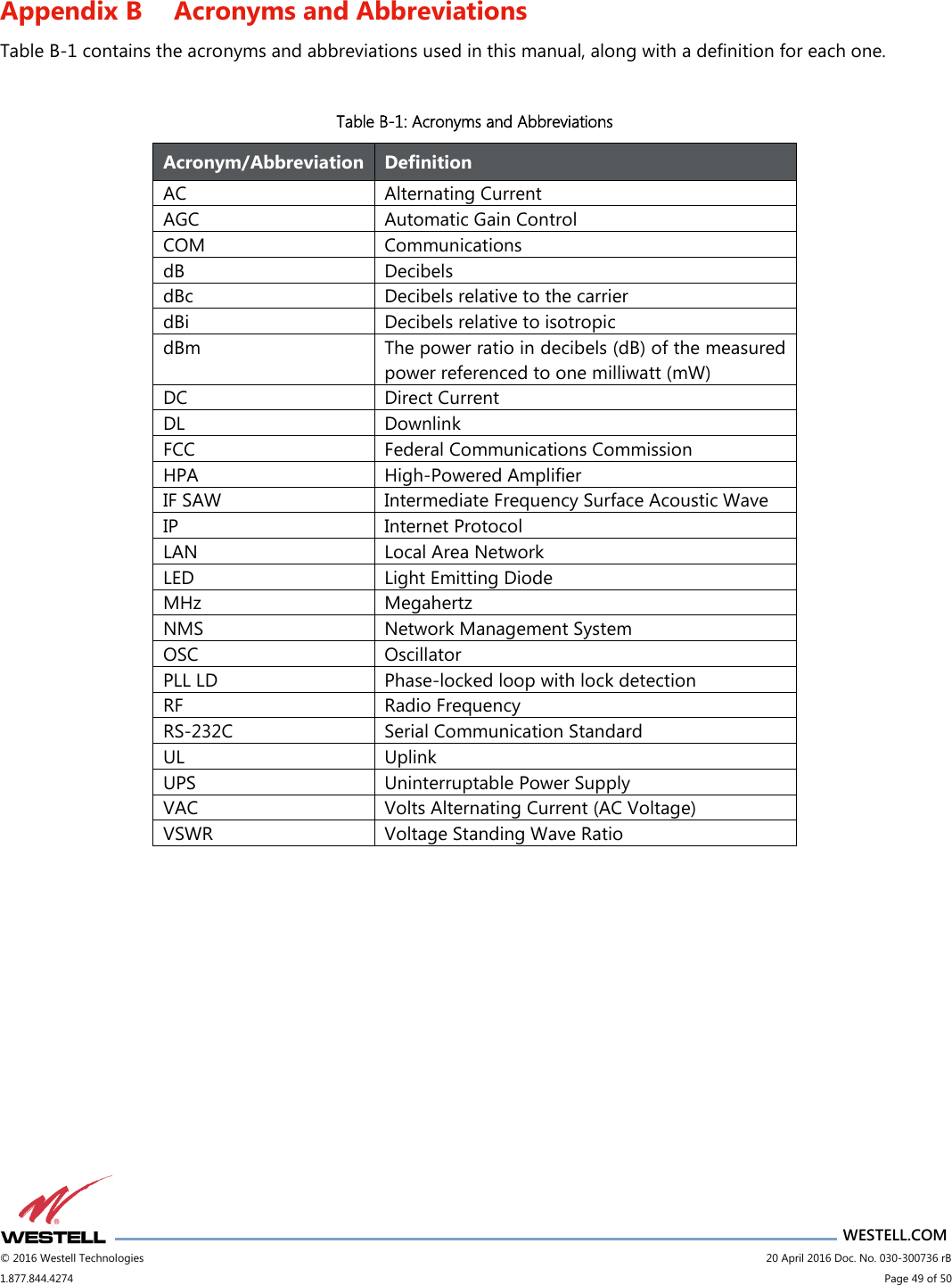                      WESTELL.COM © 2016 Westell Technologies                             20 April 2016 Doc. No. 030-300736 rB 1.877.844.4274                             Page 49 of 50  Appendix B Acronyms and Abbreviations Table B-1 contains the acronyms and abbreviations used in this manual, along with a definition for each one.  Table B-1: Acronyms and Abbreviations Acronym/Abbreviation Definition AC Alternating Current AGC Automatic Gain Control COM Communications dB Decibels dBc Decibels relative to the carrier dBi Decibels relative to isotropic dBm The power ratio in decibels (dB) of the measured power referenced to one milliwatt (mW) DC Direct Current DL Downlink FCC Federal Communications Commission HPA High-Powered Amplifier IF SAW Intermediate Frequency Surface Acoustic Wave  IP Internet Protocol LAN Local Area Network LED Light Emitting Diode MHz Megahertz NMS Network Management System OSC Oscillator PLL LD Phase-locked loop with lock detection RF Radio Frequency RS-232C Serial Communication Standard UL Uplink UPS Uninterruptable Power Supply VAC Volts Alternating Current (AC Voltage) VSWR Voltage Standing Wave Ratio     