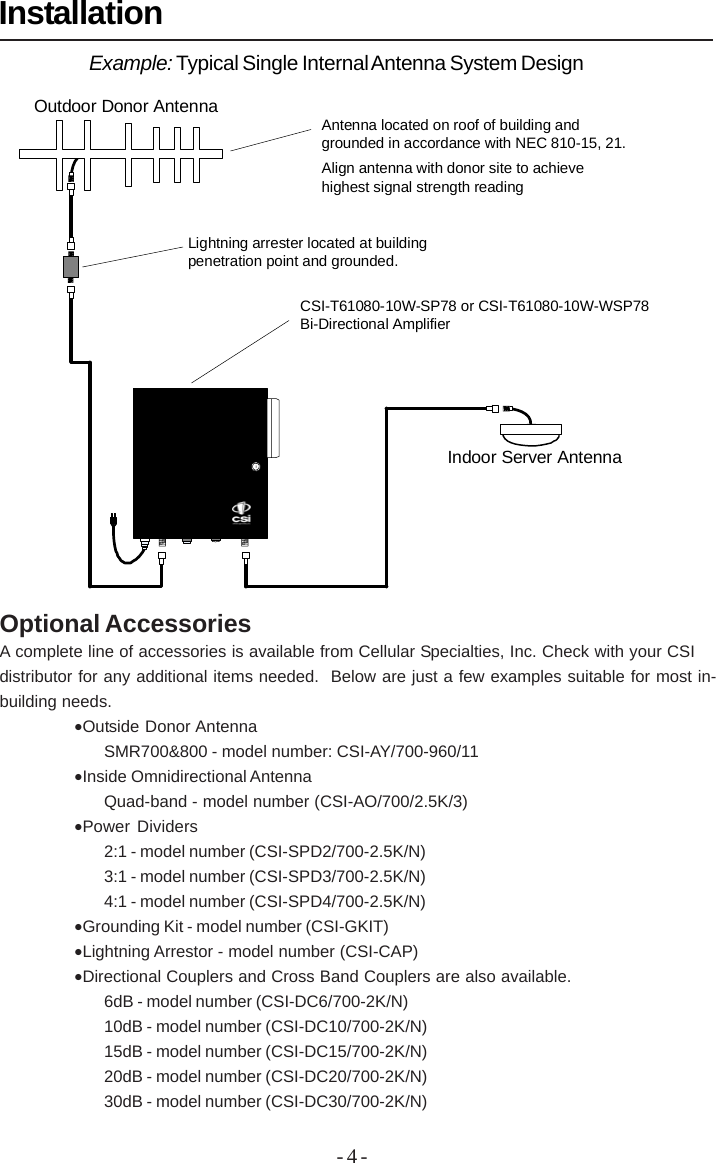 - 4 -InstallationIndoor Server AntennaOutdoor Donor Antenna Antenna located on roof of building and grounded in accordance with NEC 810-15, 21.Align antenna with donor site to achieve highest signal strength reading Lightning arrester located at building penetration point and grounded. CSI-T61080-10W-SP78 or CSI-T61080-10W-WSP78  Bi-Directional AmplifierExample: Typical Single Internal Antenna System DesignOptional AccessoriesA complete line of accessories is available from Cellular Specialties, Inc. Check with your CSIdistributor for any additional items needed.  Below are just a few examples suitable for most in-building needs.•Outside Donor AntennaSMR700&amp;800 - model number: CSI-AY/700-960/11•Inside Omnidirectional AntennaQuad-band - model number (CSI-AO/700/2.5K/3)•Power Dividers2:1 - model number (CSI-SPD2/700-2.5K/N)3:1 - model number (CSI-SPD3/700-2.5K/N)4:1 - model number (CSI-SPD4/700-2.5K/N)•Grounding Kit - model number (CSI-GKIT)•Lightning Arrestor - model number (CSI-CAP)•Directional Couplers and Cross Band Couplers are also available.6dB - model number (CSI-DC6/700-2K/N)10dB - model number (CSI-DC10/700-2K/N)15dB - model number (CSI-DC15/700-2K/N)20dB - model number (CSI-DC20/700-2K/N)30dB - model number (CSI-DC30/700-2K/N)