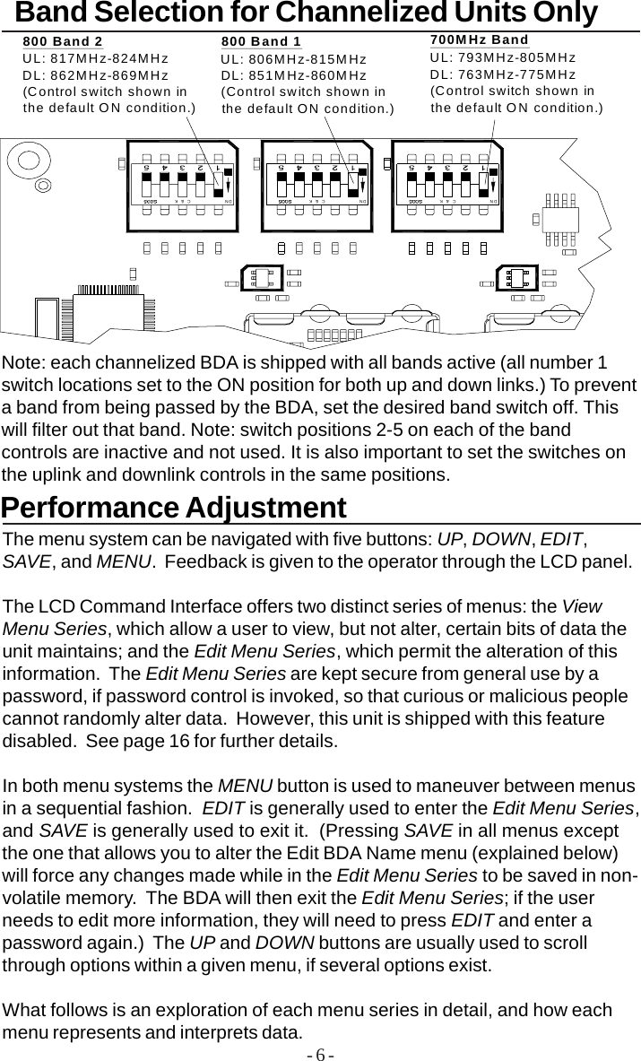 - 6 -Performance AdjustmentThe menu system can be navigated with five buttons: UP, DOWN, EDIT,SAVE, and MENU.  Feedback is given to the operator through the LCD panel.The LCD Command Interface offers two distinct series of menus: the ViewMenu Series, which allow a user to view, but not alter, certain bits of data theunit maintains; and the Edit Menu Series, which permit the alteration of thisinformation.  The Edit Menu Series are kept secure from general use by apassword, if password control is invoked, so that curious or malicious peoplecannot randomly alter data.  However, this unit is shipped with this featuredisabled.  See page 16 for further details.In both menu systems the MENU button is used to maneuver between menusin a sequential fashion.  EDIT is generally used to enter the Edit Menu Series,and SAVE is generally used to exit it.  (Pressing SAVE in all menus exceptthe one that allows you to alter the Edit BDA Name menu (explained below)will force any changes made while in the Edit Menu Series to be saved in non-volatile memory.  The BDA will then exit the Edit Menu Series; if the userneeds to edit more information, they will need to press EDIT and enter apassword again.)  The UP and DOWN buttons are usually used to scrollthrough options within a given menu, if several options exist.What follows is an exploration of each menu series in detail, and how eachmenu represents and interprets data.C  &amp;  KDN DN C  &amp;  K C  &amp;  KDN800 Band 2UL: 817MHz-824MHzDL: 862MHz-869MHz(Control switch shown inthe default ON condition.)800 Band 1UL: 806MHz-815MHzDL: 851MHz-860MHz(Control switch shown inthe default ON condition.)700MHz BandUL: 793MHz-805MHzDL: 763MHz-775MHz(Control switch shown inthe default ON condition.)Band Selection for Channelized Units OnlyNote: each channelized BDA is shipped with all bands active (all number 1switch locations set to the ON position for both up and down links.) To preventa band from being passed by the BDA, set the desired band switch off. Thiswill filter out that band. Note: switch positions 2-5 on each of the bandcontrols are inactive and not used. It is also important to set the switches onthe uplink and downlink controls in the same positions.