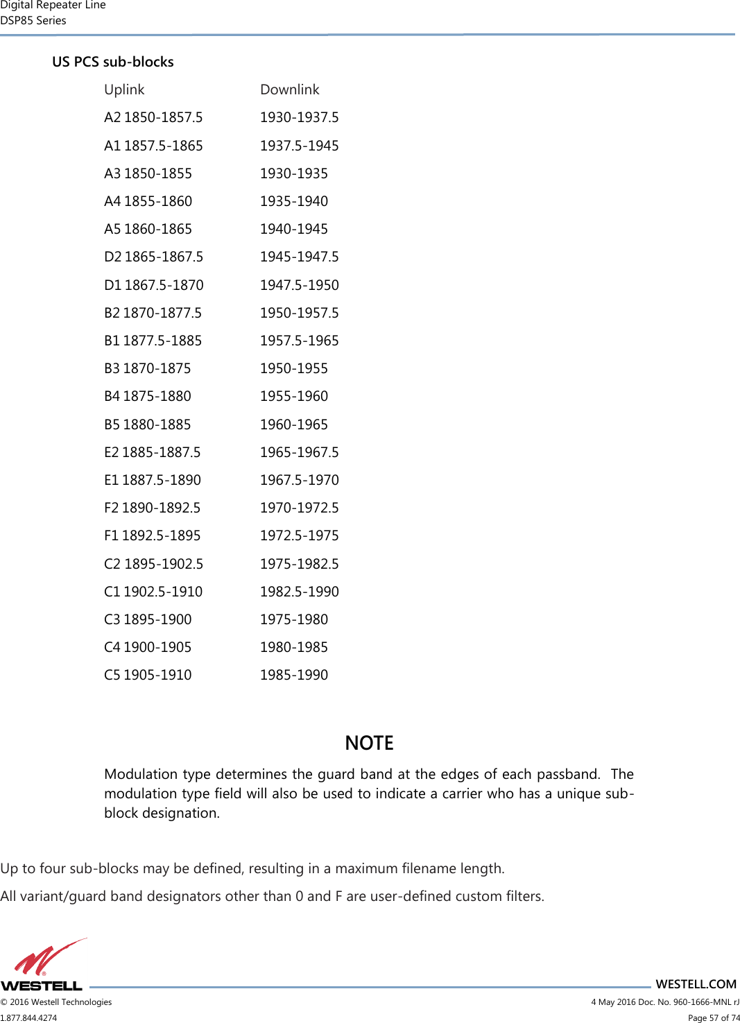 Digital Repeater Line DSP85 Series                       WESTELL.COM © 2016 Westell Technologies                           4 May 2016 Doc. No. 960-1666-MNL rJ 1.877.844.4274                             Page 57 of 74  US PCS sub-blocks Uplink      Downlink A2 1850-1857.5   1930-1937.5 A1 1857.5-1865   1937.5-1945 A3 1850-1855    1930-1935 A4 1855-1860    1935-1940 A5 1860-1865    1940-1945 D2 1865-1867.5   1945-1947.5 D1 1867.5-1870   1947.5-1950 B2 1870-1877.5    1950-1957.5 B1 1877.5-1885    1957.5-1965 B3 1870-1875    1950-1955 B4 1875-1880    1955-1960 B5 1880-1885    1960-1965 E2 1885-1887.5    1965-1967.5 E1 1887.5-1890    1967.5-1970 F2 1890-1892.5    1970-1972.5 F1 1892.5-1895    1972.5-1975 C2 1895-1902.5   1975-1982.5 C1 1902.5-1910   1982.5-1990 C3 1895-1900    1975-1980 C4 1900-1905    1980-1985 C5 1905-1910    1985-1990  NOTE Modulation type determines the guard band at the edges of each passband.  The modulation type field will also be used to indicate a carrier who has a unique sub-block designation.  Up to four sub-blocks may be defined, resulting in a maximum filename length. All variant/guard band designators other than 0 and F are user-defined custom filters.   