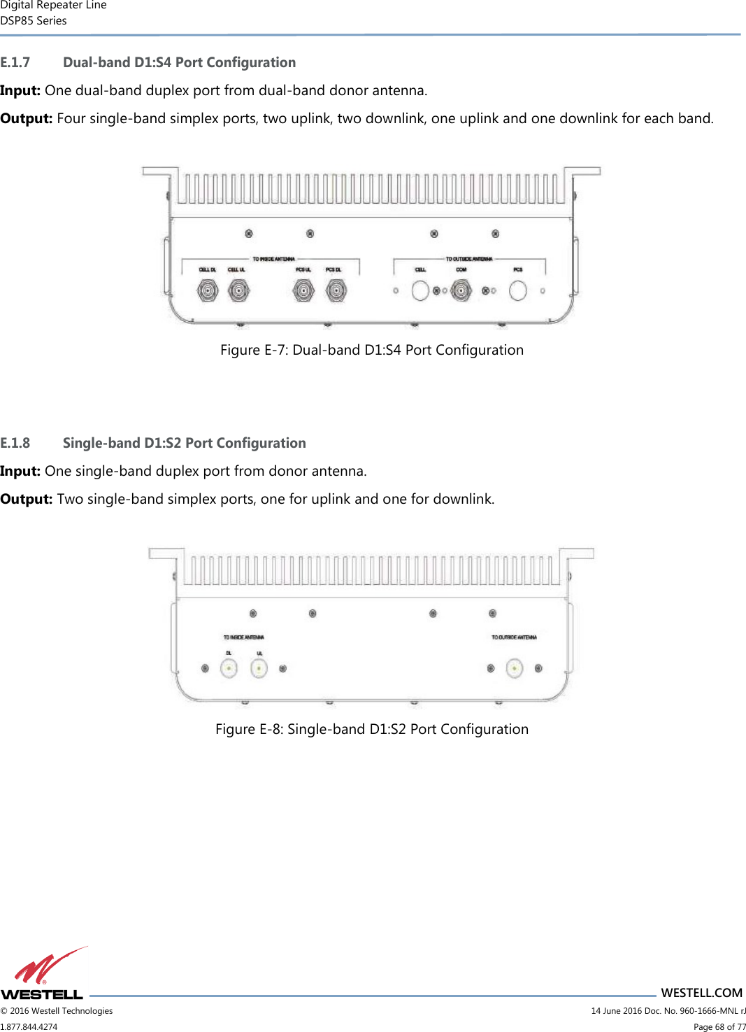 Digital Repeater Line DSP85 Series                       WESTELL.COM © 2016 Westell Technologies                         14 June 2016 Doc. No. 960-1666-MNL rJ 1.877.844.4274                             Page 68 of 77  E.1.7 Dual-band D1:S4 Port Configuration Input: One dual-band duplex port from dual-band donor antenna. Output: Four single-band simplex ports, two uplink, two downlink, one uplink and one downlink for each band.   Figure E-7: Dual-band D1:S4 Port Configuration   E.1.8 Single-band D1:S2 Port Configuration Input: One single-band duplex port from donor antenna. Output: Two single-band simplex ports, one for uplink and one for downlink.   Figure E-8: Single-band D1:S2 Port Configuration    