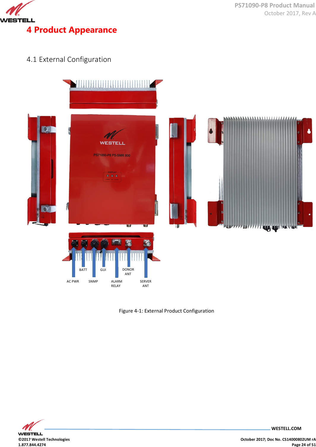      PS71090-P8 Product Manual  October 2017, Rev A  WESTELL.COM  ©2017 Westell Technologies    October 2017; Doc No. CS14000802UM rA 1.877.844.4274    Page 24 of 51 4 Product Appearance    4.1 External Configuration    Figure 4-1: External Product Configuration      AC PWR BATT SNMP GUI ALARM RELAY DONOR    ANT SERVER    ANT 