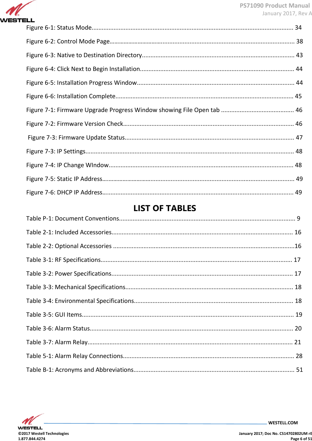 PS71090 Product Manual  January 2017, Rev A  WESTELL.COM  ©2017 Westell Technologies    January 2017; Doc No. CS14702802UM rE 1.877.844.4274    Page 6 of 51 Figure 6-1: Status Mode....................................................................................................................... 34  Figure 6-2: Control Mode Page……………………………............................................................................... 38  Figure 6-3: Native to Destination Directory.......................................................................................... 43  Figure 6-4: Click Next to Begin Installation........................................................................................... 44  Figure 6-5: Installation Progress Window............................................................................................. 44  Figure 6-6: Installation Complete......................................................................................................... 45 Figure 7-1: Firmware Upgrade Progress Window showing File Open tab ........................................... 46  Figure 7-2: Firmware Version Check….................................................................................................. 46  Figure 7-3: Firmware Update Status.................................................................................................... 47 Figure 7-3: IP Settings........................................................................................................................... 48 Figure 7-4: IP Change WIndow............................................................................................................. 48  Figure 7-5: Static IP Address….………………………..................................................................................... 49  Figure 7-6: DHCP IP Address….............................................................................................................. 49  LIST OF TABLES  Table P-1: Document Conventions........................................................................................................ 9  Table 2-1: Included Accessories........................................................................................................... 16  Table 2-2: Optional Accessories ...........................................................................................................16  Table 3-1: RF Specifications................................................................................................................. 17  Table 3-2: Power Specifications........................................................................................................... 17 Table 3-3: Mechanical Specifications................................................................................................... 18  Table 3-4: Environmental Specifications.............................................................................................. 18  Table 3-5: GUI Items............................................................................................................................. 19  Table 3-6: Alarm Status........................................................................................................................ 20  Table 3-7: Alarm Relay......................................................................................................................... 21  Table 5-1: Alarm Relay Connections..................................................................................................... 28 Table B-1: Acronyms and Abbreviations............................................................................................... 51        