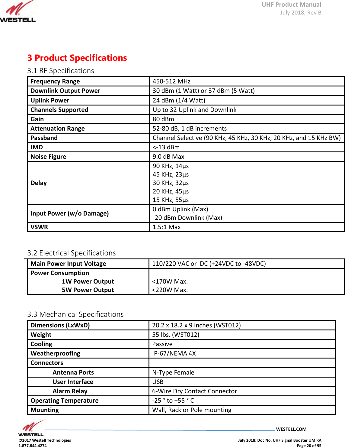 UHF Product Manual July 2018, Rev B   WESTELL.COM  ©2017 Westell Technologies    July 2018; Doc No. UHF Signal Booster UM RA 1.877.844.4274    Page 20 of 95    3 Product Specifications 3.1 RF Specifications Frequency Range 450-512 MHz Downlink Output Power  30 dBm (1 Watt) or 37 dBm (5 Watt)  Uplink Power  24 dBm (1/4 Watt)  Channels Supported  Up to 32 Uplink and Downlink  Gain  80 dBm  Attenuation Range  52-80 dB, 1 dB increments  Passband  Channel Selective (90 KHz, 45 KHz, 30 KHz, 20 KHz, and 15 KHz BW)  IMD  &lt;-13 dBm  Noise Figure  9.0 dB Max  Delay  90 KHz, 14μs  45 KHz, 23μs  30 KHz, 32μs  20 KHz, 45μs  15 KHz, 55μs  Input Power (w/o Damage)  0 dBm Uplink (Max)  -20 dBm Downlink (Max)  VSWR  1.5:1 Max   3.2 Electrical Specifications Specification  Main Power Input Voltage  110/220 VAC or  DC (+24VDC to -48VDC) Power Consumption  1W Power Output 5W Power Output  &lt;170W Max.  &lt;220W Max.  3.3 Mechanical Specifications Dimensions (LxWxD)  20.2 x 18.2 x 9 inches (WST012) Weight  55 lbs. (WST012) Cooling  Passive  Weatherproofing  IP-67/NEMA 4X  Connectors  Antenna Ports  N-Type Female  User Interface  USB  Alarm Relay  6-Wire Dry Contact Connector  Operating Temperature  -25 ° to +55 ° C  Mounting  Wall, Rack or Pole mounting   