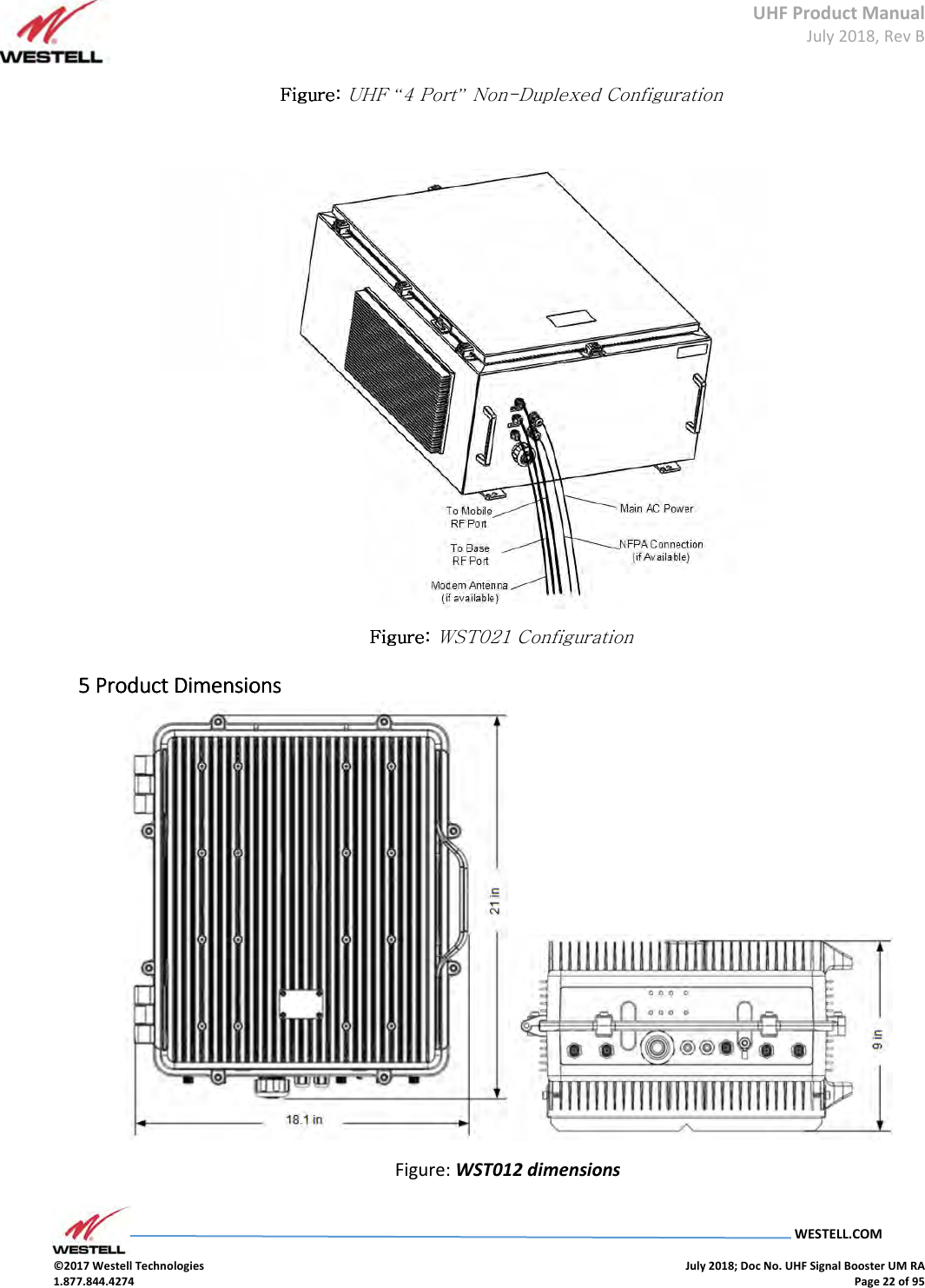 UHF Product Manual July 2018, Rev B   WESTELL.COM  ©2017 Westell Technologies    July 2018; Doc No. UHF Signal Booster UM RA 1.877.844.4274    Page 22 of 95  Figure: Figure: Figure: Figure: UHF “4 Port” Non-Duplexed Configuration      Figure: Figure: Figure: Figure: WST021 Configuration 5 5 5 5 Product DimensionsProduct DimensionsProduct DimensionsProduct Dimensions     Figure: WST012 dimensions 