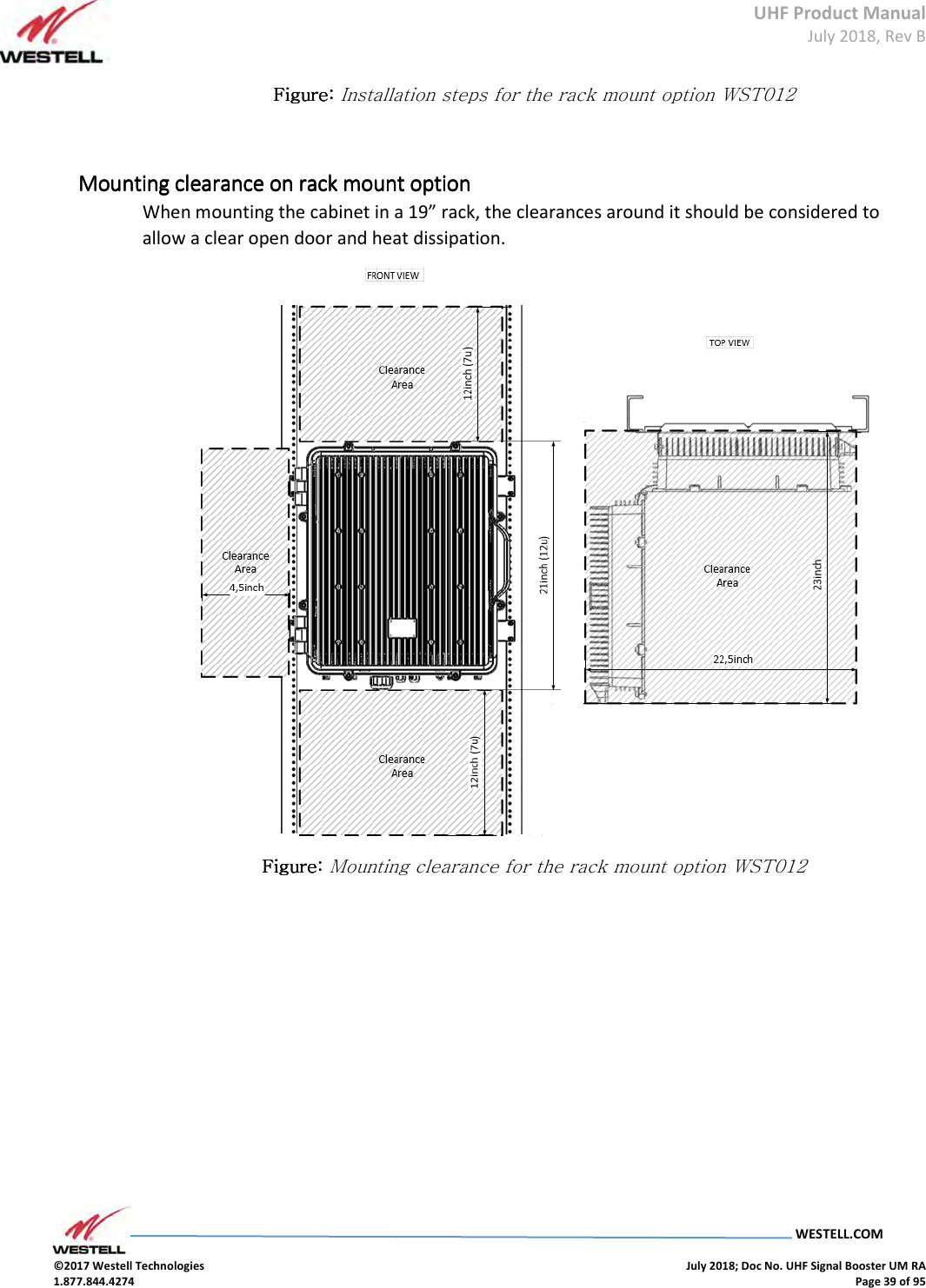 UHF Product Manual July 2018, Rev B   WESTELL.COM  ©2017 Westell Technologies    July 2018; Doc No. UHF Signal Booster UM RA 1.877.844.4274    Page 39 of 95  Figure: Figure: Figure: Figure: Installation steps for the rack mount option WST012  Mounting Mounting Mounting Mounting clearance on rack mount optionclearance on rack mount optionclearance on rack mount optionclearance on rack mount option    When mounting the cabinet in a 19” rack, the clearances around it should be considered to allow a clear open door and heat dissipation.  Figure:Figure:Figure:Figure: Mounting clearance for the rack mount option WST012     