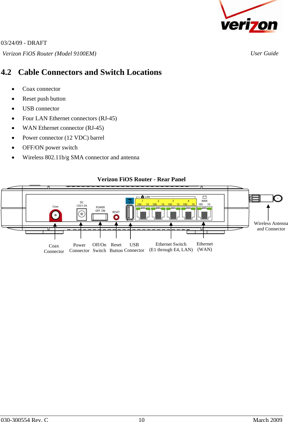   03/24/09 - DRAFT   030-300554 Rev. C  10      March 2009  Verizon FiOS Router (Model 9100EM) User Guide 4.2 Cable Connectors and Switch Locations  • Coax connector • Reset push button • USB connector • Four LAN Ethernet connectors (RJ-45)  • WAN Ethernet connector (RJ-45) • Power connector (12 VDC) barrel • OFF/ON power switch • Wireless 802.11b/g SMA connector and antenna   Verizon FiOS Router - Rear Panel                             Off/On  Switch Power Connector Ethernet Switch (E1 through E4, LAN)Reset Button Coax Connector Wireless Antenna and Connector USB ConnectorEthernet  (WAN)