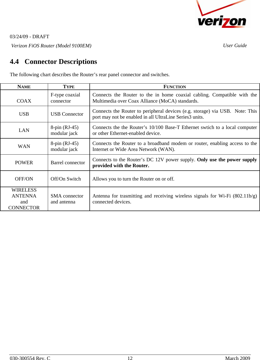   03/24/09 - DRAFT   030-300554 Rev. C  12      March 2009  Verizon FiOS Router (Model 9100EM) User Guide 4.4 Connector Descriptions  The following chart describes the Router’s rear panel connector and switches.   NAME TYPE FUNCTION  COAX  F-type coaxial connector  Connects the Router to the in home coaxial cabling. Compatible with the Multimedia over Coax Alliance (MoCA) standards. USB USB Connector Connects the Router to peripheral devices (e.g. storage) via USB.  Note: This port may not be enabled in all UltraLine Series3 units. LAN  8-pin (RJ-45) modular jack  Connects the the Router’s 10/100 Base-T Ethernet swtich to a local computer or other Ethernet-enabled device. WAN  8-pin (RJ-45) modular jack  Connects the Router to a broadband modem or router, enabling access to the Internet or Wide Area Network (WAN). POWER Barrel connector Connects to the Router’s DC 12V power supply. Only use the power supply provided with the Router. OFF/ON  Off/On Switch  Allows you to turn the Router on or off. WIRELESS ANTENNA and CONNECTOR SMA connector and antenna  Antenna for trasmitting and receiving wireless signals for Wi-Fi (802.11b/g) connected devices.      