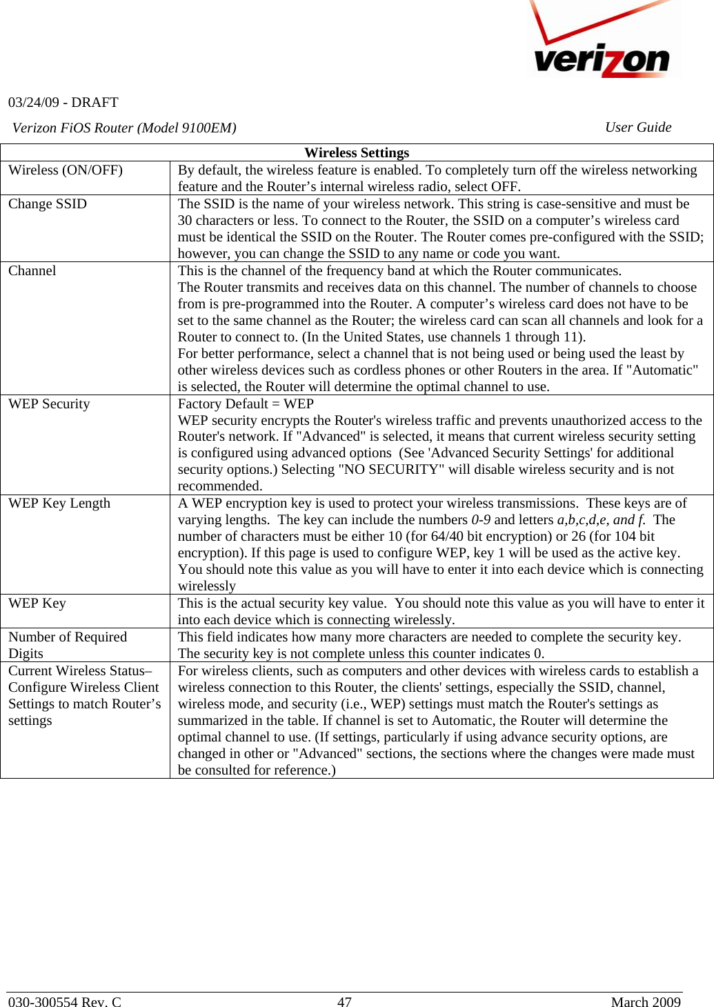   03/24/09 - DRAFT   030-300554 Rev. C  47      March 2009  Verizon FiOS Router (Model 9100EM) User GuideWireless Settings Wireless (ON/OFF)  By default, the wireless feature is enabled. To completely turn off the wireless networking feature and the Router’s internal wireless radio, select OFF. Change SSID  The SSID is the name of your wireless network. This string is case-sensitive and must be 30 characters or less. To connect to the Router, the SSID on a computer’s wireless card must be identical the SSID on the Router. The Router comes pre-configured with the SSID; however, you can change the SSID to any name or code you want. Channel  This is the channel of the frequency band at which the Router communicates.  The Router transmits and receives data on this channel. The number of channels to choose from is pre-programmed into the Router. A computer’s wireless card does not have to be set to the same channel as the Router; the wireless card can scan all channels and look for a Router to connect to. (In the United States, use channels 1 through 11). For better performance, select a channel that is not being used or being used the least by other wireless devices such as cordless phones or other Routers in the area. If &quot;Automatic&quot; is selected, the Router will determine the optimal channel to use. WEP Security  Factory Default = WEP WEP security encrypts the Router&apos;s wireless traffic and prevents unauthorized access to the Router&apos;s network. If &quot;Advanced&quot; is selected, it means that current wireless security setting is configured using advanced options  (See &apos;Advanced Security Settings&apos; for additional security options.) Selecting &quot;NO SECURITY&quot; will disable wireless security and is not recommended. WEP Key Length  A WEP encryption key is used to protect your wireless transmissions.  These keys are of varying lengths.  The key can include the numbers 0-9 and letters a,b,c,d,e, and f.  The number of characters must be either 10 (for 64/40 bit encryption) or 26 (for 104 bit encryption). If this page is used to configure WEP, key 1 will be used as the active key. You should note this value as you will have to enter it into each device which is connecting wirelessly WEP Key  This is the actual security key value.  You should note this value as you will have to enter it into each device which is connecting wirelessly. Number of Required Digits  This field indicates how many more characters are needed to complete the security key.  The security key is not complete unless this counter indicates 0. Current Wireless Status–Configure Wireless Client Settings to match Router’s settings For wireless clients, such as computers and other devices with wireless cards to establish a wireless connection to this Router, the clients&apos; settings, especially the SSID, channel, wireless mode, and security (i.e., WEP) settings must match the Router&apos;s settings as summarized in the table. If channel is set to Automatic, the Router will determine the optimal channel to use. (If settings, particularly if using advance security options, are changed in other or &quot;Advanced&quot; sections, the sections where the changes were made must be consulted for reference.)             