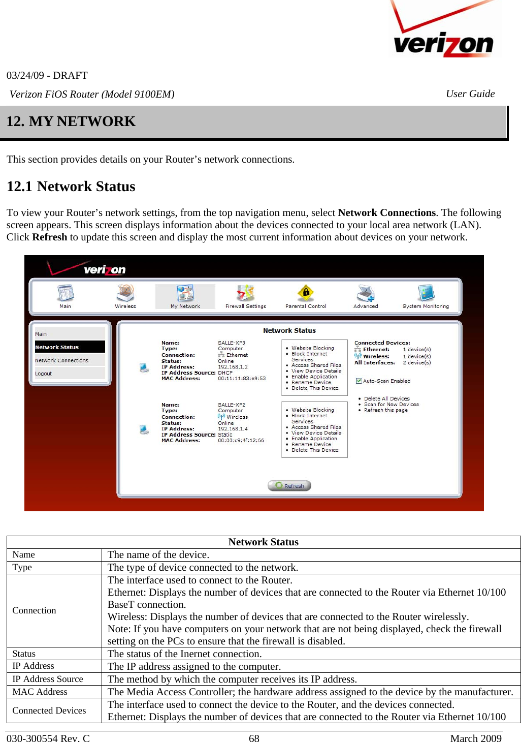   03/24/09 - DRAFT   030-300554 Rev. C  68      March 2009  Verizon FiOS Router (Model 9100EM) User Guide12. MY NETWORK  This section provides details on your Router’s network connections.  12.1 Network Status  To view your Router’s network settings, from the top navigation menu, select Network Connections. The following screen appears. This screen displays information about the devices connected to your local area network (LAN). Click Refresh to update this screen and display the most current information about devices on your network.     Network Status Name  The name of the device. Type  The type of device connected to the network. Connection The interface used to connect to the Router. Ethernet: Displays the number of devices that are connected to the Router via Ethernet 10/100 BaseT connection. Wireless: Displays the number of devices that are connected to the Router wirelessly. Note: If you have computers on your network that are not being displayed, check the firewall setting on the PCs to ensure that the firewall is disabled. Status  The status of the Inernet connection. IP Address   The IP address assigned to the computer. IP Address Source  The method by which the computer receives its IP address. MAC Address  The Media Access Controller; the hardware address assigned to the device by the manufacturer. Connected Devices  The interface used to connect the device to the Router, and the devices connected. Ethernet: Displays the number of devices that are connected to the Router via Ethernet 10/100 