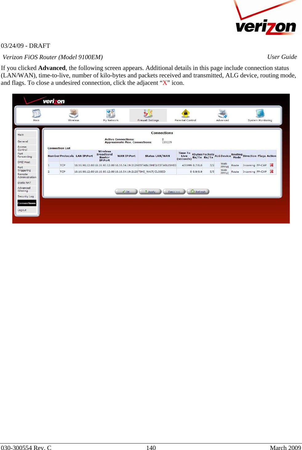   03/24/09 - DRAFT   030-300554 Rev. C  140      March 2009  Verizon FiOS Router (Model 9100EM) User GuideIf you clicked Advanced, the following screen appears. Additional details in this page include connection status (LAN/WAN), time-to-live, number of kilo-bytes and packets received and transmitted, ALG device, routing mode, and flags. To close a undesired connection, click the adjacent “X” icon.   