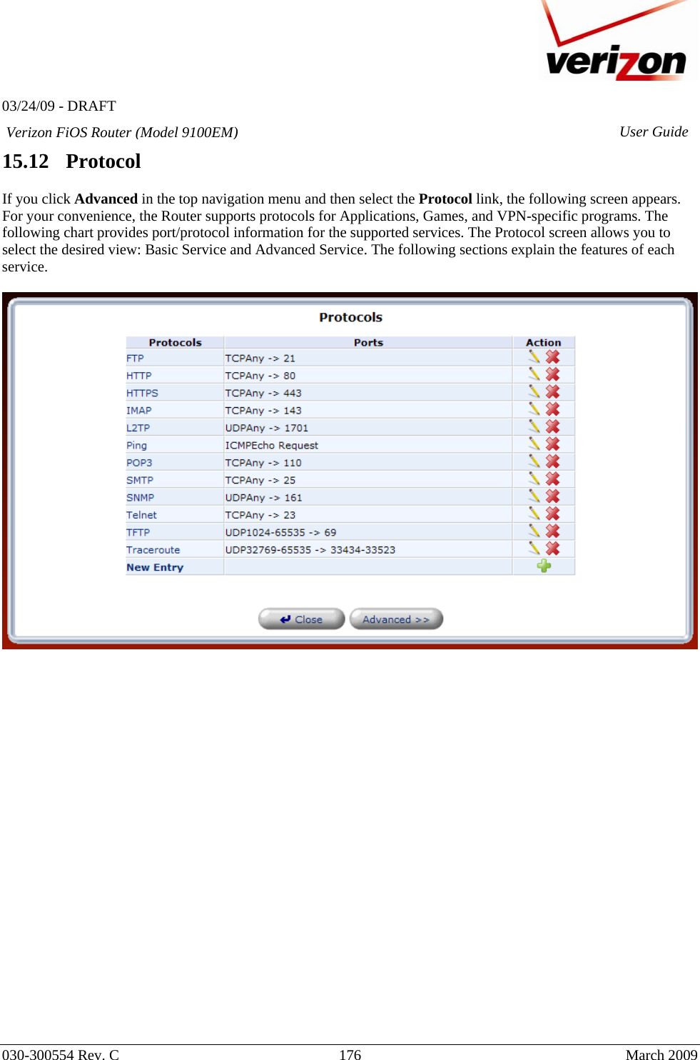   03/24/09 - DRAFT   030-300554 Rev. C  176     March 2009 Verizon FiOS Router (Model 9100EM) User Guide15.12   Protocol  If you click Advanced in the top navigation menu and then select the Protocol link, the following screen appears.  For your convenience, the Router supports protocols for Applications, Games, and VPN-specific programs. The following chart provides port/protocol information for the supported services. The Protocol screen allows you to select the desired view: Basic Service and Advanced Service. The following sections explain the features of each service.                           