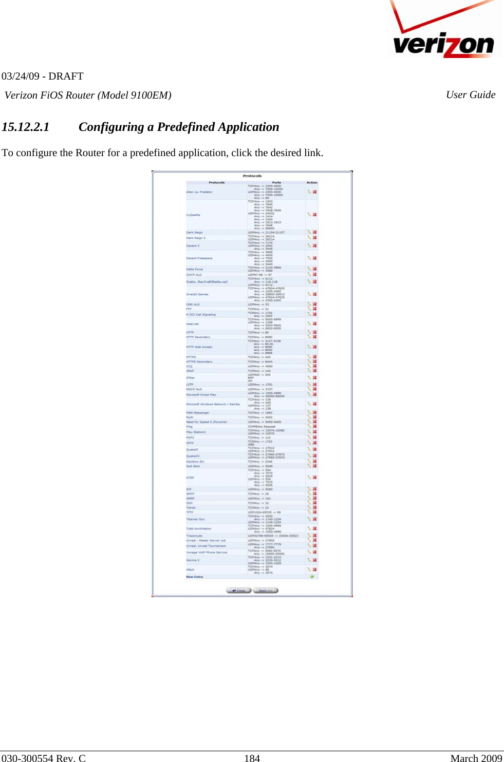   03/24/09 - DRAFT   030-300554 Rev. C  184     March 2009 Verizon FiOS Router (Model 9100EM) User Guide 15.12.2.1 Configuring a Predefined Application  To configure the Router for a predefined application, click the desired link.                