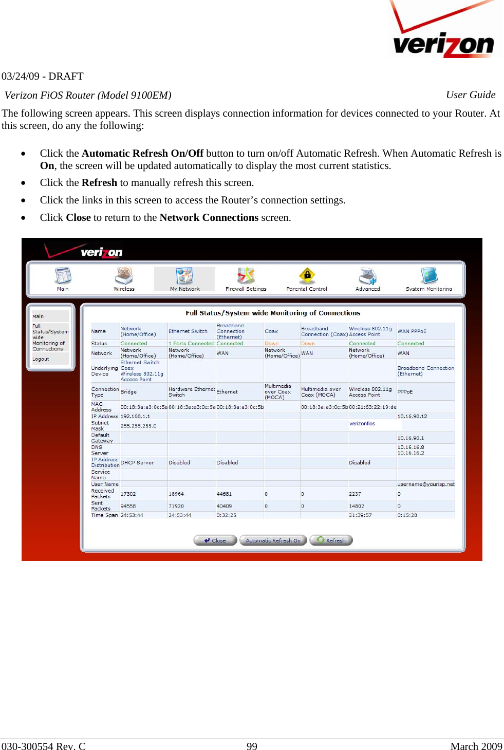   03/24/09 - DRAFT   030-300554 Rev. C  99      March 2009  Verizon FiOS Router (Model 9100EM) User GuideThe following screen appears. This screen displays connection information for devices connected to your Router. At this screen, do any the following:  • Click the Automatic Refresh On/Off button to turn on/off Automatic Refresh. When Automatic Refresh is On, the screen will be updated automatically to display the most current statistics.  • Click the Refresh to manually refresh this screen.  • Click the links in this screen to access the Router’s connection settings. • Click Close to return to the Network Connections screen.    verizonfios 