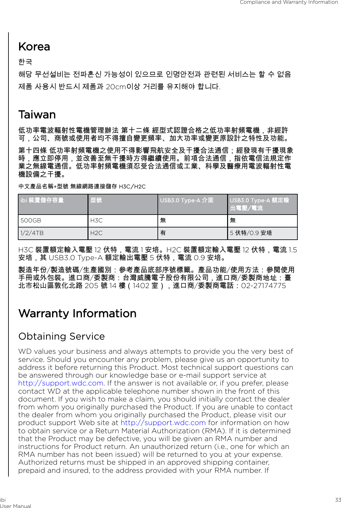 Korea한국해당 무선설비는 전파혼신 가능성이 있으므로 인명안전과 관련된 서비스는 할 수 없음제품 사용시 반드시 제품과 20cm이상 거리를 유지해야 합니다.Taiwan低功率電波輻射性電機管理辦法 第十二條 經型式認證合格之低功率射頻電機，非經許可，公司、商號或使用者均不得擅自變更頻率、加大功率或變更原設計之特性及功能。第十四條 低功率射頻電機之使用不得影響飛航安全及干擾合法通信；經發現有干擾現象時，應立即停用，並改善至無干擾時方得繼續使用。前項合法通信，指依電信法規定作業之無線電通信。低功率射頻電機須忍受合法通信或工業、科學及醫療用電波輻射性電機設備之干擾。中文產品名稱+型號 無線網路連接儲存 H3C/H2Cibi 裝置儲存容量 型號 USB3.0 Type-A 介面 USB3.0 Type-A 額定輸出電壓/電流500GB H3C 無 無1/2/4TB H2C 有5伏特/0.9 安培H3C 裝置額定輸入電壓 12 伏特，電流 1安培。H2C 裝置額定輸入電壓 12 伏特，電流 1.5安培，其 USB3.0 Type-A 額定輸出電壓 5伏特，電流 0.9 安培。製造年份/製造號碼/生產國別：參考產品底部序號標籤。產品功能/使用方法：參閱使用手冊或外包裝。進口商/委製商：台灣威騰電子股份有限公司，進口商/委製商地址：臺北市松山區敦化北路 205 號14 樓（1402 室），進口商/委製商電話：02-27174775Warranty InformationObtaining ServiceWD values your business and always attempts to provide you the very best ofservice. Should you encounter any problem, please give us an opportunity toaddress it before returning this Product. Most technical support questions canbe answered through our knowledge base or e-mail support service at http://support.wdc.com. If the answer is not available or, if you prefer, pleasecontact WD at the applicable telephone number shown in the front of thisdocument. If you wish to make a claim, you should initially contact the dealerfrom whom you originally purchased the Product. If you are unable to contactthe dealer from whom you originally purchased the Product, please visit ourproduct support Web site at http://support.wdc.com for information on howto obtain service or a Return Material Authorization (RMA). If it is determinedthat the Product may be defective, you will be given an RMA number andinstructions for Product return. An unauthorized return (i.e., one for which anRMA number has not been issued) will be returned to you at your expense.Authorized returns must be shipped in an approved shipping container,prepaid and insured, to the address provided with your RMA number. IfCompliance and Warranty InformationibiUser Manual 33