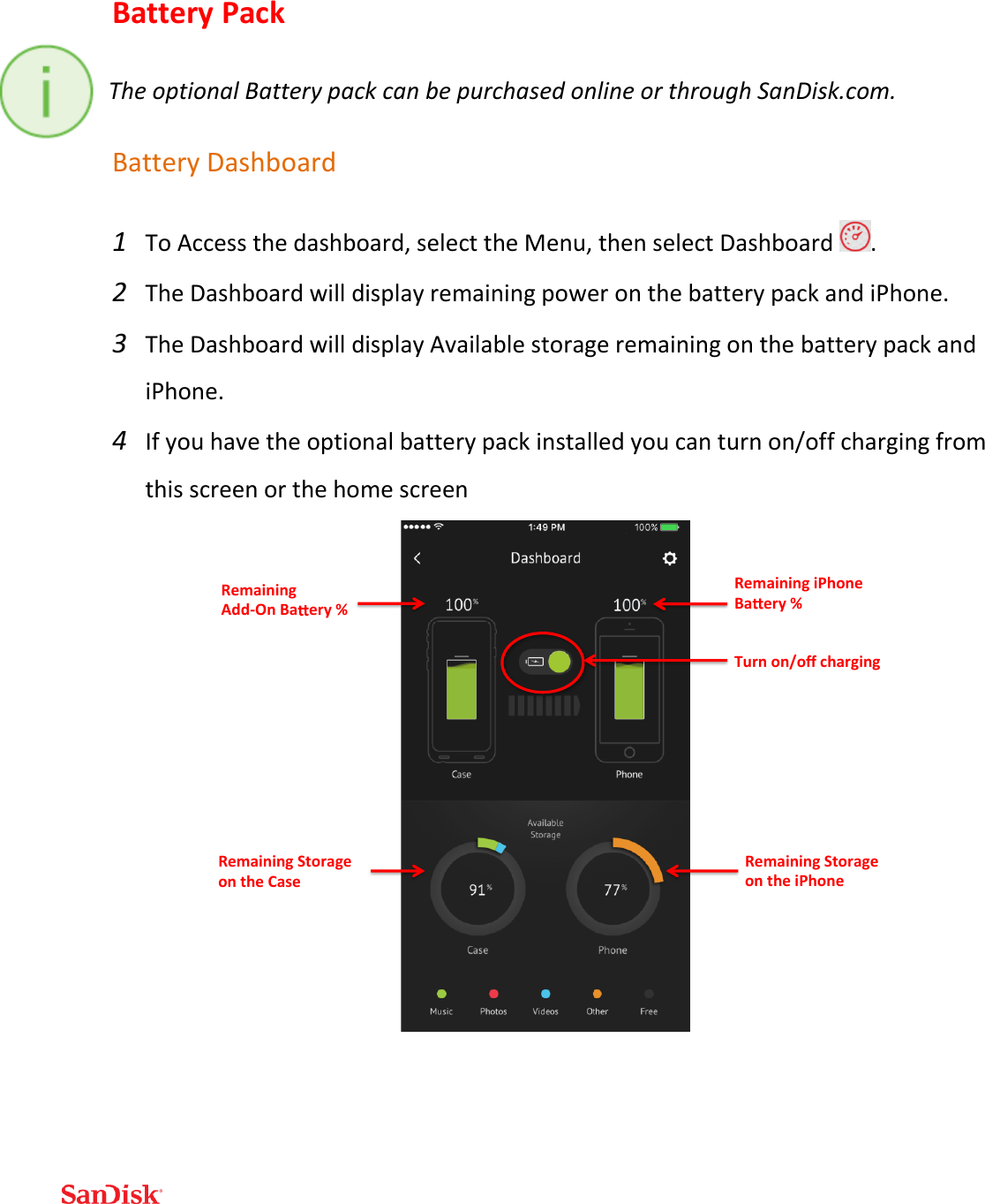  Battery Pack  The optional Battery pack can be purchased online or through SanDisk.com.  Battery Dashboard 1 To Access the dashboard, select the Menu, then select Dashboard  . 2 The Dashboard will display remaining power on the battery pack and iPhone. 3 The Dashboard will display Available storage remaining on the battery pack and iPhone. 4 If you have the optional battery pack installed you can turn on/off charging from this screen or the home screen    Turnon/offchargingRemainingiPhoneBa ery%RemainingAdd-OnBa ery%RemainingStorageontheCaseRemainingStorageontheiPhone