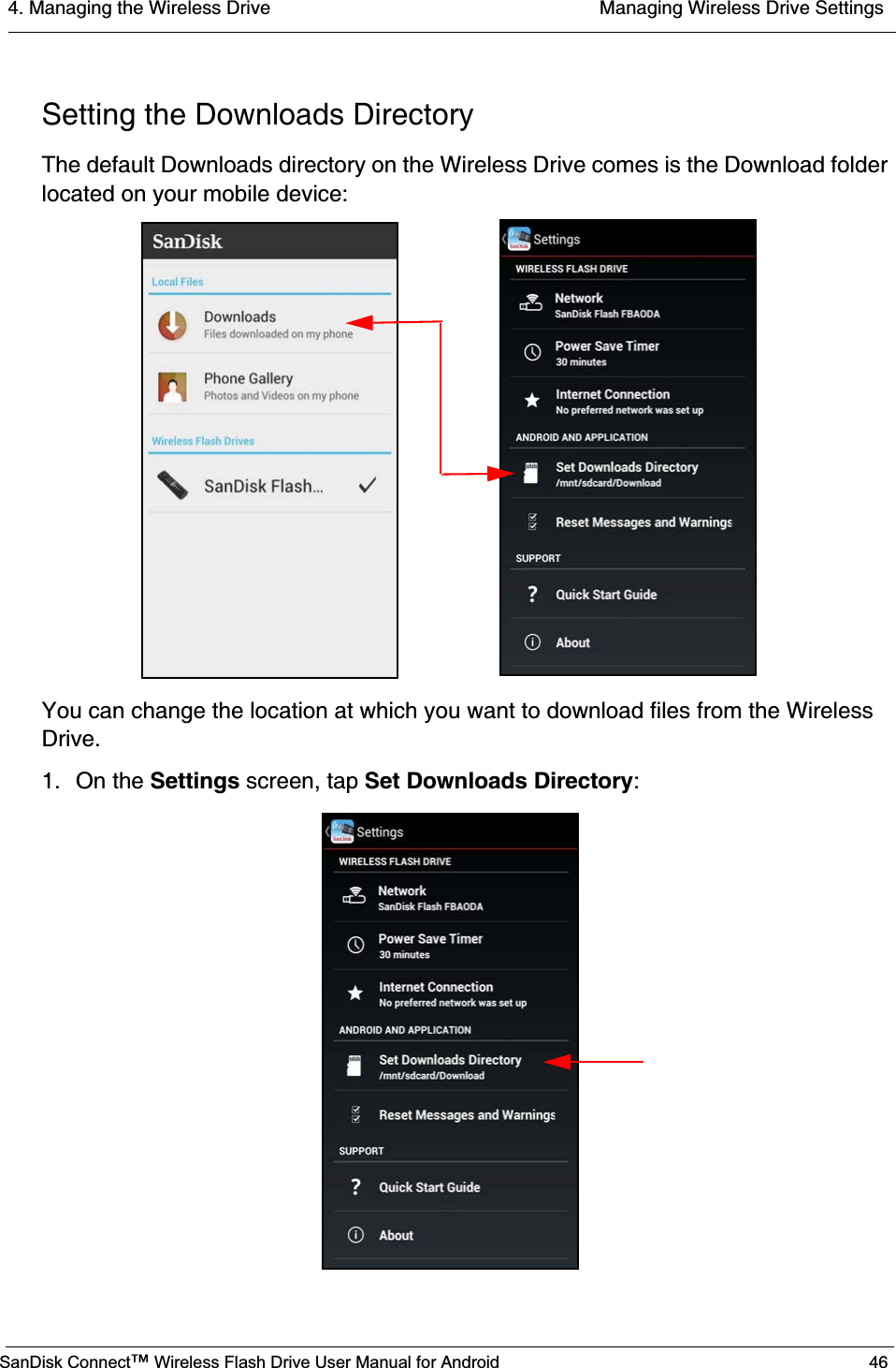 4. Managing the Wireless Drive  Managing Wireless Drive SettingsSanDisk Connect™ Wireless Flash Drive User Manual for Android 46Setting the Downloads DirectoryThe default Downloads directory on the Wireless Drive comes is the Download folder located on your mobile device:You can change the location at which you want to download files from the Wireless Drive.1. On the Settings screen, tap Set Downloads Directory:                      