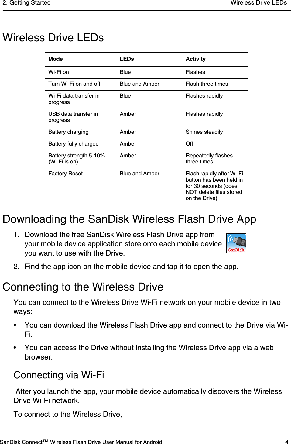 2. Getting Started  Wireless Drive LEDsSanDisk Connect™ Wireless Flash Drive User Manual for Android 4Wireless Drive LEDsDownloading the SanDisk Wireless Flash Drive App1. Download the free SanDisk Wireless Flash Drive app from your mobile device application store onto each mobile device you want to use with the Drive. 2. Find the app icon on the mobile device and tap it to open the app.Connecting to the Wireless DriveYou can connect to the Wireless Drive Wi-Fi network on your mobile device in two ways:• You can download the Wireless Flash Drive app and connect to the Drive via Wi-Fi.• You can access the Drive without installing the Wireless Drive app via a web browser.Connecting via Wi-Fi After you launch the app, your mobile device automatically discovers the Wireless Drive Wi-Fi network. To connect to the Wireless Drive,Mode LEDs ActivityWi-Fi on Blue FlashesTurn Wi-Fi on and off Blue and Amber Flash three timesWi-Fi data transfer in progressBlue Flashes rapidlyUSB data transfer in progressAmber Flashes rapidlyBattery charging Amber Shines steadilyBattery fully charged Amber OffBattery strength 5-10% (Wi-Fi is on)Amber Repeatedly flashes three times Factory Reset Blue and Amber Flash rapidly after Wi-Fi button has been held in for 30 seconds (does NOT delete files stored on the Drive)