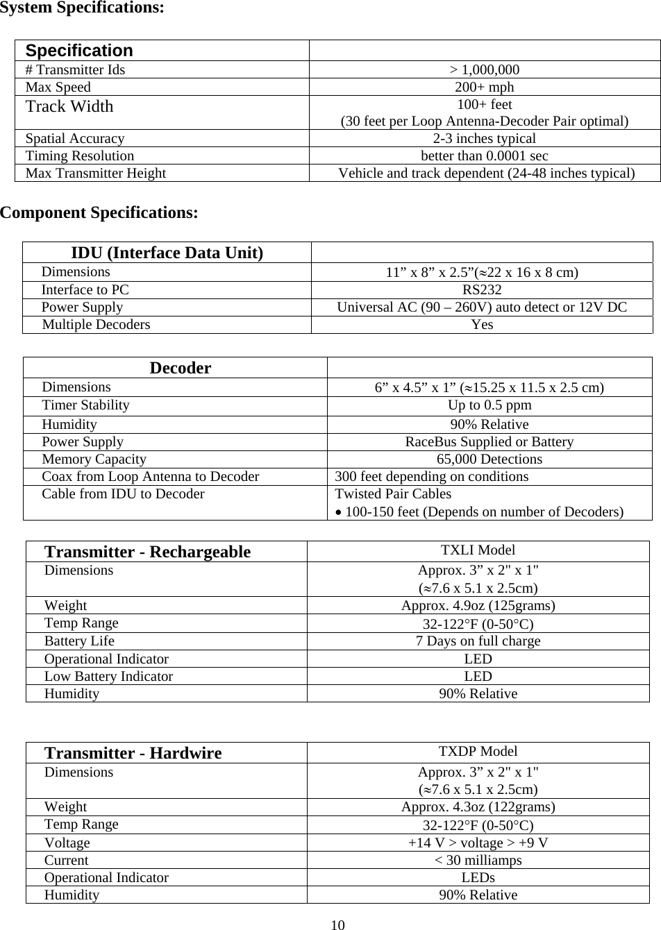  10System Specifications:  Specification   # Transmitter Ids  &gt; 1,000,000 Max Speed  200+ mph Track Width  100+ feet (30 feet per Loop Antenna-Decoder Pair optimal) Spatial Accuracy  2-3 inches typical Timing Resolution  better than 0.0001 sec Max Transmitter Height   Vehicle and track dependent (24-48 inches typical)  Component Specifications:  IDU (Interface Data Unit)   Dimensions  11” x 8” x 2.5”(≈22 x 16 x 8 cm) Interface to PC  RS232 Power Supply  Universal AC (90 – 260V) auto detect or 12V DC Multiple Decoders   Yes  Decoder   Dimensions  6” x 4.5” x 1” (≈15.25 x 11.5 x 2.5 cm) Timer Stability  Up to 0.5 ppm Humidity 90% Relative Power Supply  RaceBus Supplied or Battery Memory Capacity  65,000 Detections Coax from Loop Antenna to Decoder  300 feet depending on conditions Cable from IDU to Decoder  Twisted Pair Cables • 100-150 feet (Depends on number of Decoders)  Transmitter - Rechargeable  TXLI Model Dimensions  Approx. 3” x 2&quot; x 1&quot;  (≈7.6 x 5.1 x 2.5cm) Weight  Approx. 4.9oz (125grams) Temp Range  32-122°F (0-50°C) Battery Life  7 Days on full charge Operational Indicator  LED Low Battery Indicator  LED Humidity 90% Relative   Transmitter - Hardwire  TXDP Model Dimensions  Approx. 3” x 2&quot; x 1&quot;  (≈7.6 x 5.1 x 2.5cm) Weight  Approx. 4.3oz (122grams) Temp Range  32-122°F (0-50°C) Voltage  +14 V &gt; voltage &gt; +9 V Current  &lt; 30 milliamps Operational Indicator  LEDs Humidity 90% Relative 
