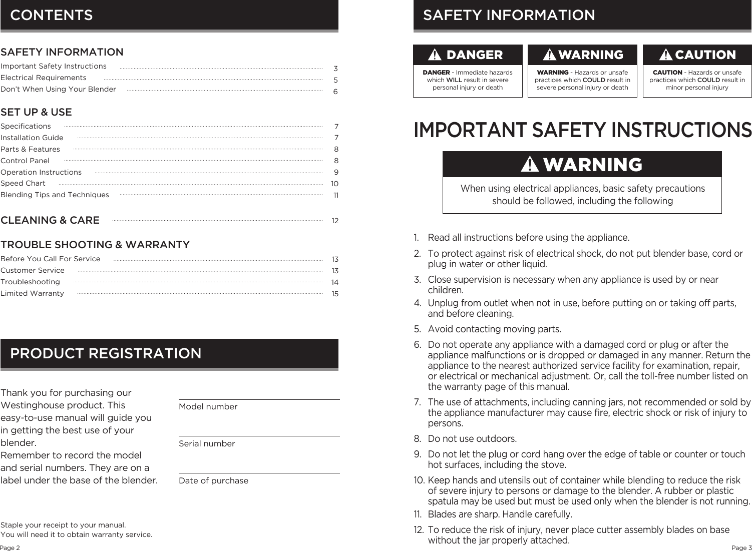 Page 2 of 9 - Westinghouse WBL1130B Blender Manual 072913 User  To The 777d276c-b26b-475a-bcd8-dfdbb159539d