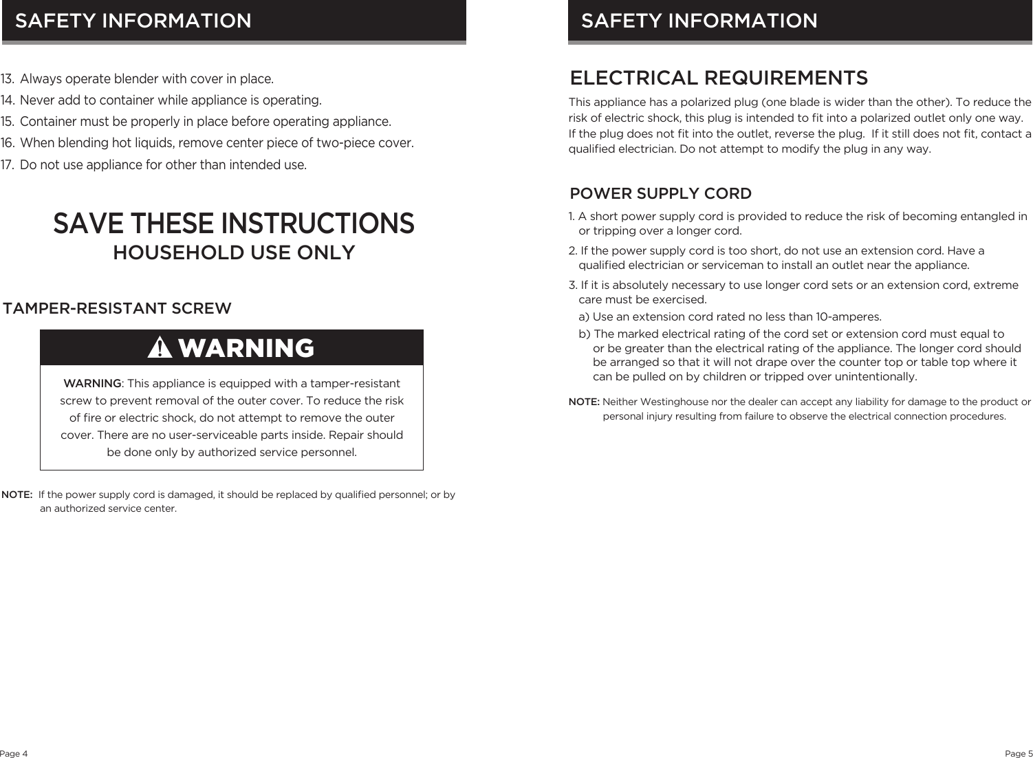 Page 3 of 9 - Westinghouse WBL1130B Blender Manual 072913 User  To The 777d276c-b26b-475a-bcd8-dfdbb159539d
